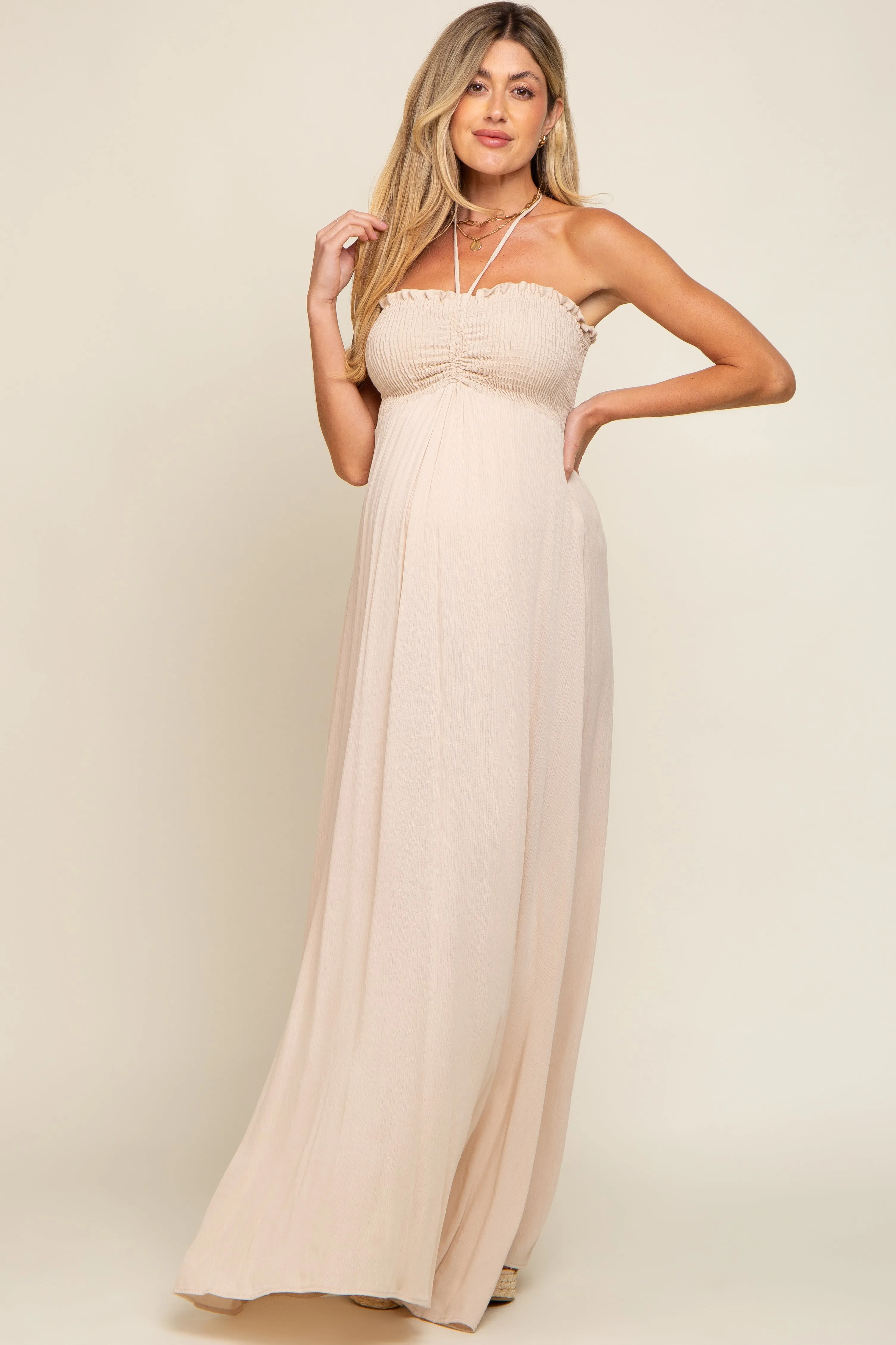 Beige Smocked Halter Maternity Maxi Dress sold by Pinkblush product image thumbnail 4
