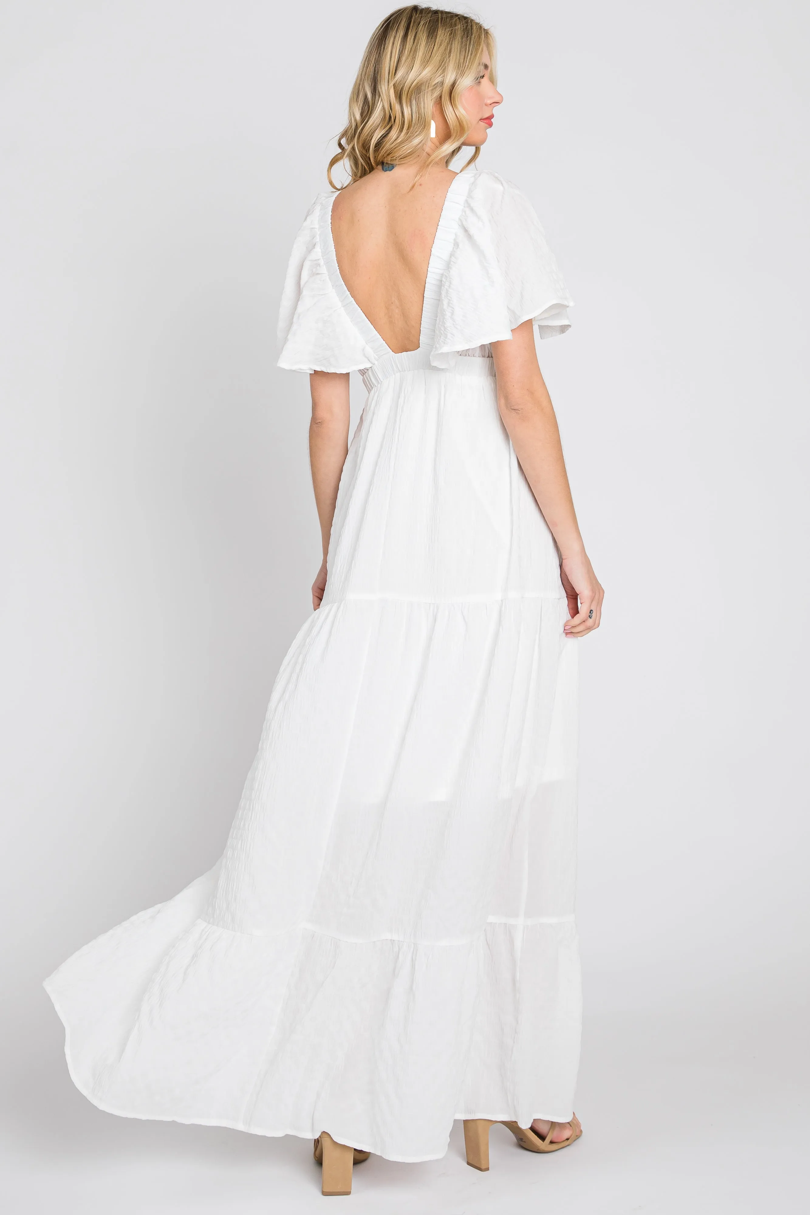 White Crepe Flounce Sleeve Tiered Maxi Dress sold by Pinkblush product image thumbnail 5