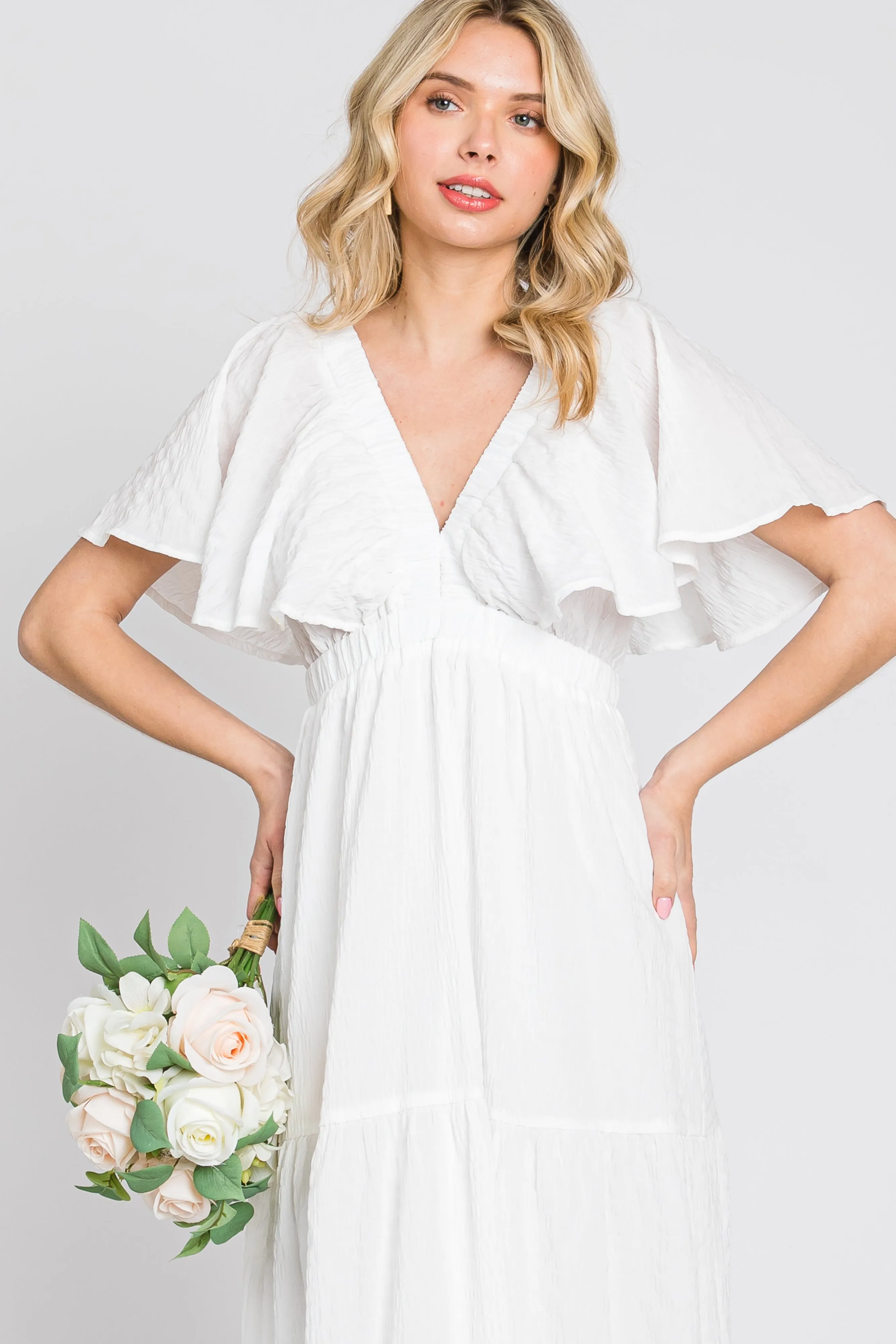 White Crepe Flounce Sleeve Tiered Maxi Dress sold by Pinkblush product image thumbnail 2