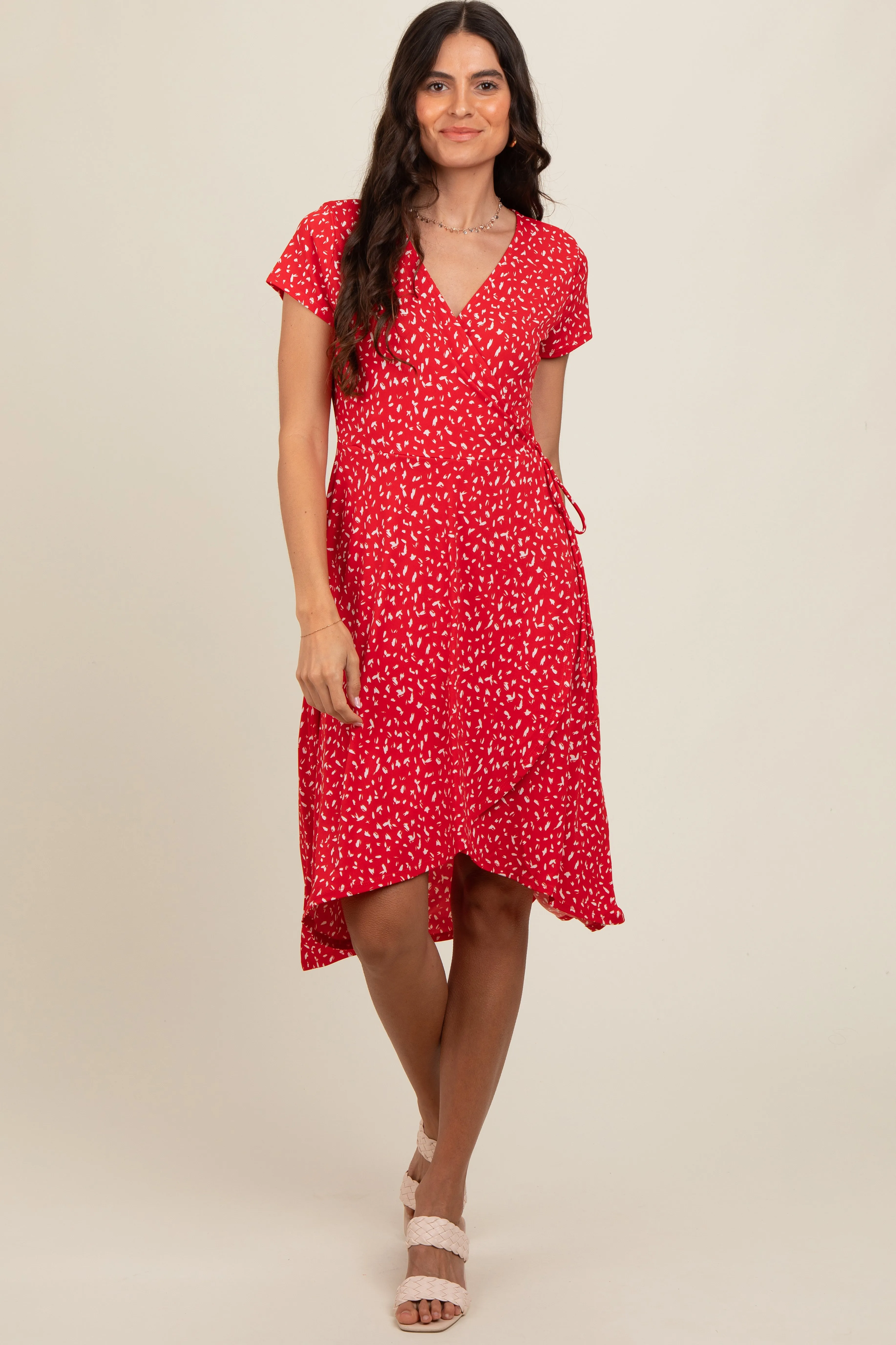 Red Printed Short Sleeve Wrap Maternity Midi Dress sold by Pinkblush product image thumbnail 4