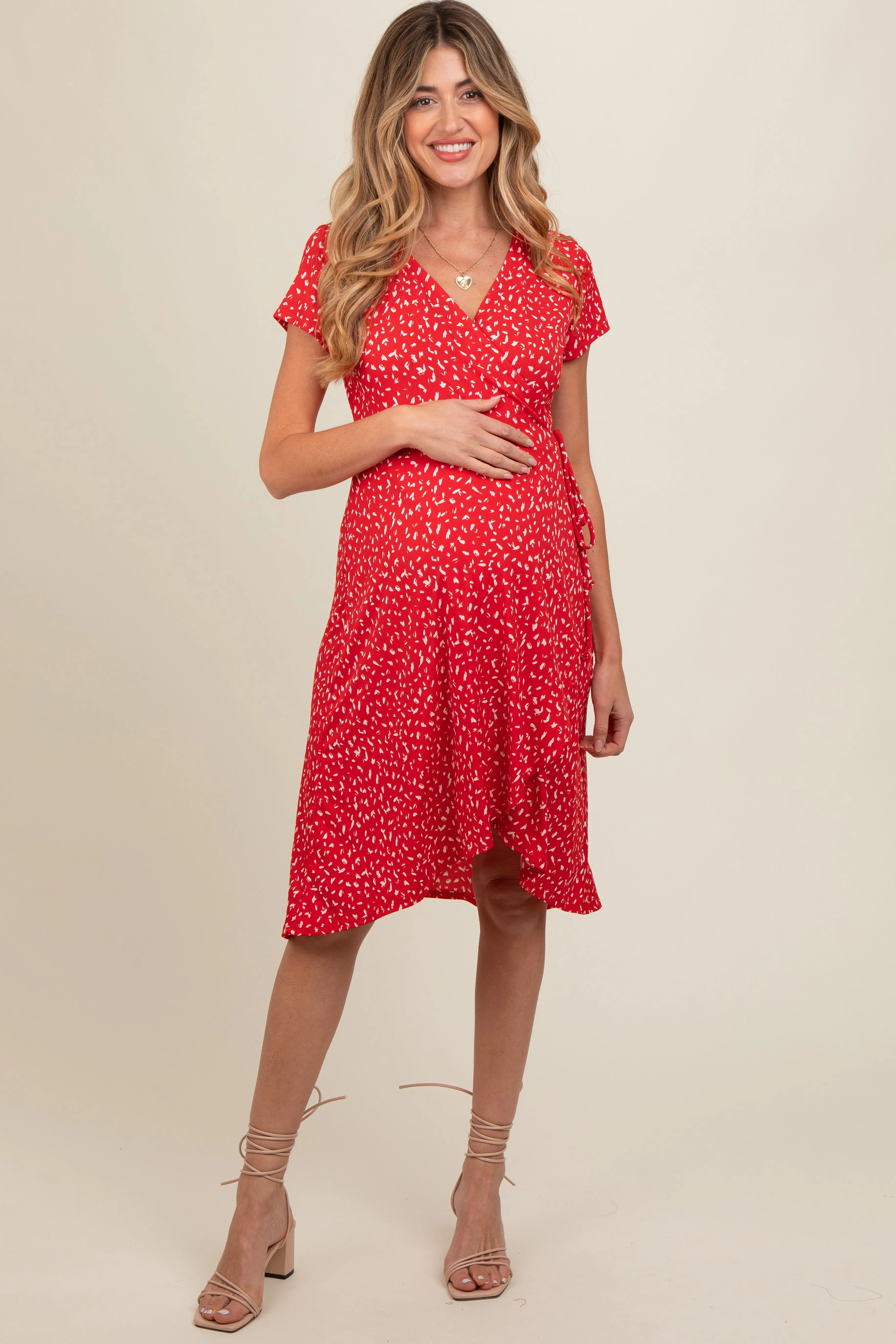 Red Printed Short Sleeve Wrap Maternity Midi Dress sold by Pinkblush