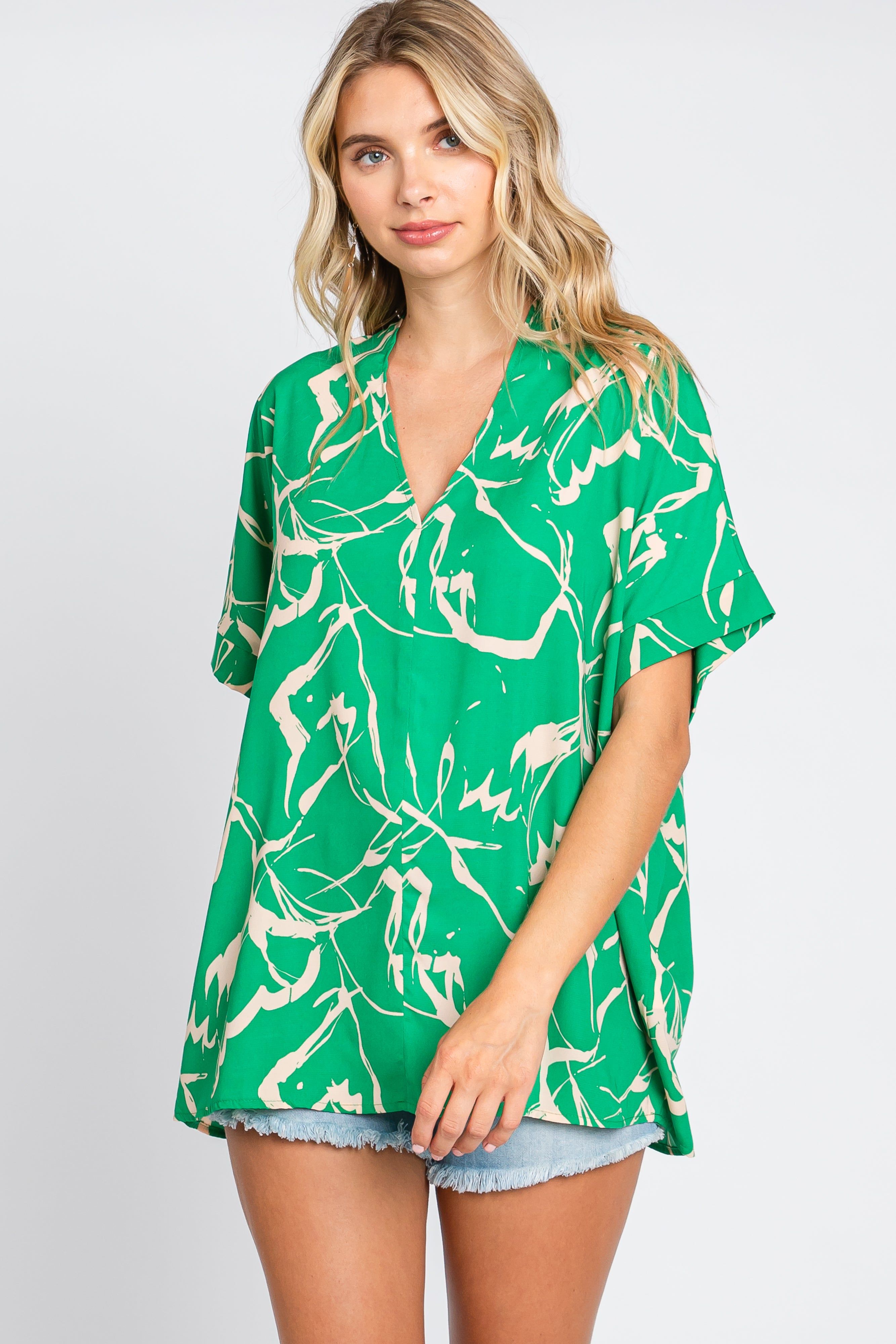 Green Printed V-Neck Top sold by Pinkblush
