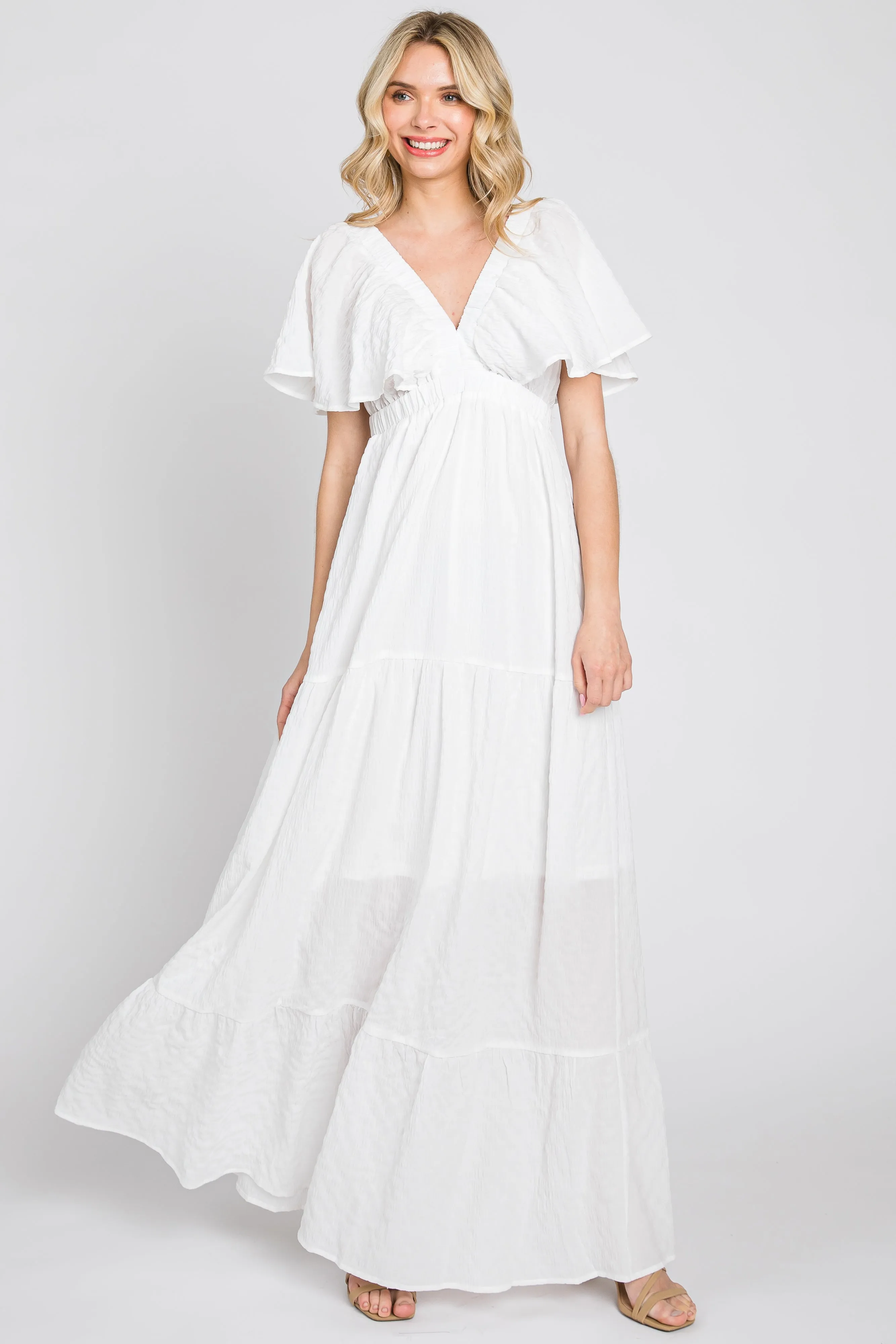 White Crepe Flounce Sleeve Tiered Maxi Dress sold by Pinkblush product image thumbnail 3