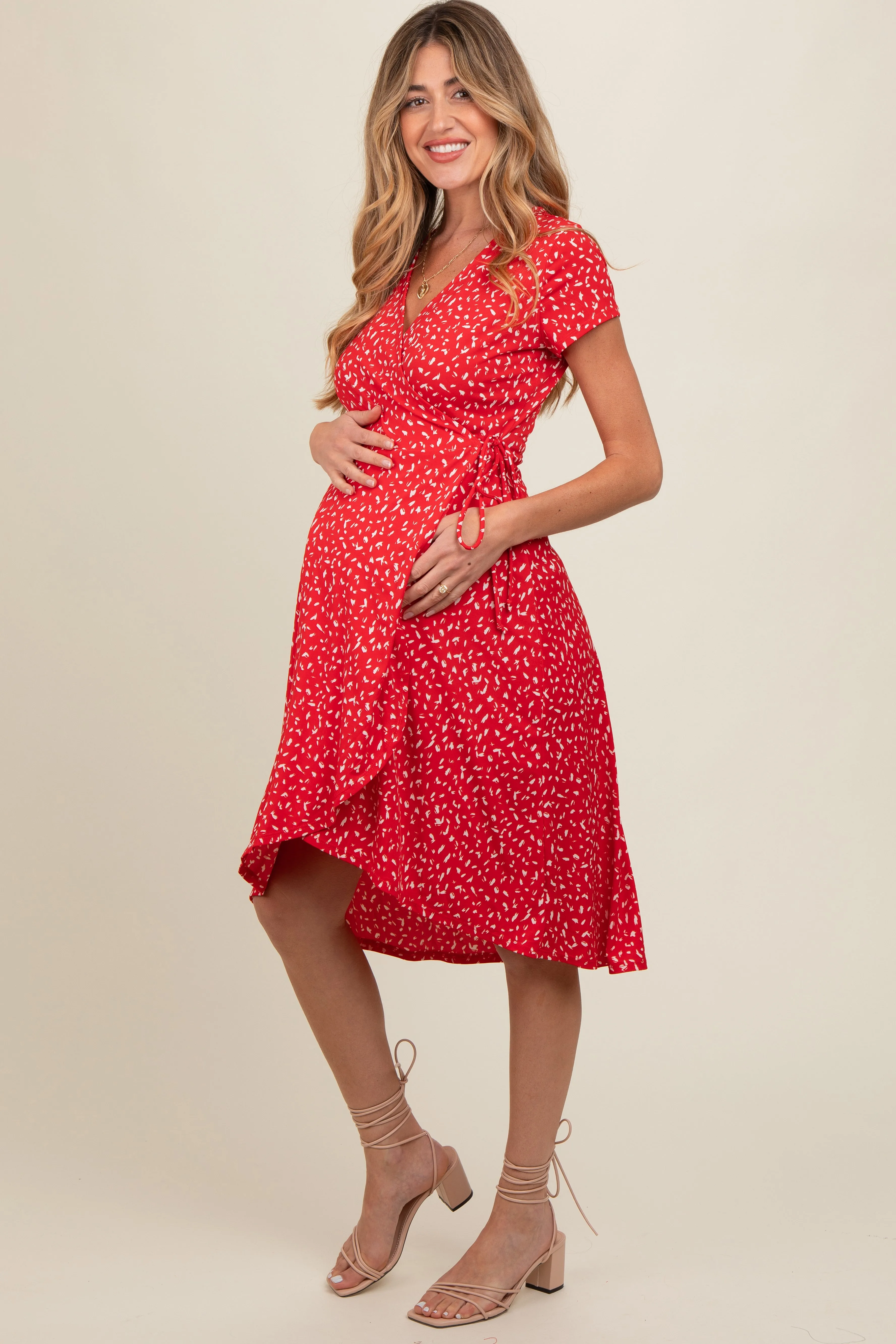 Red Printed Short Sleeve Wrap Maternity Midi Dress sold by Pinkblush product image thumbnail 2