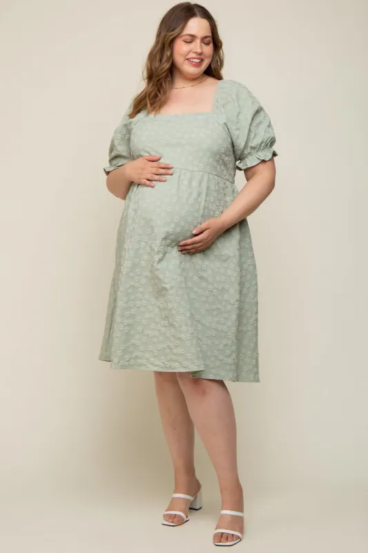 Light Olive Floral Textured Square Neck Babydoll Maternity Plus Dress sold by Pinkblush