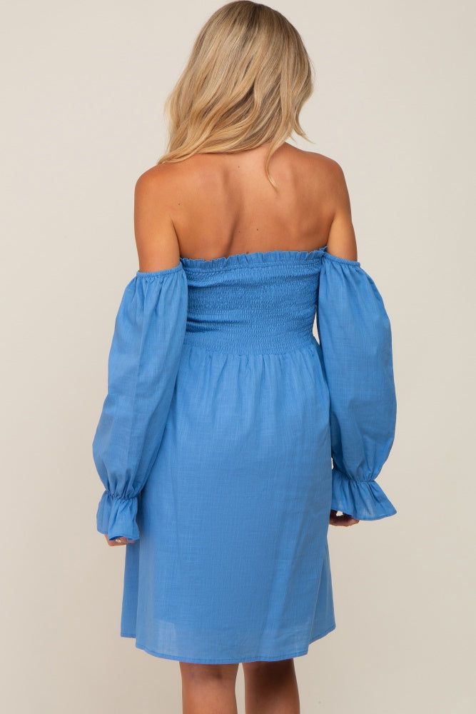 Blue Smocked Off Shoulder Long Sleeve Maternity Dress sold by Pinkblush product image thumbnail 5