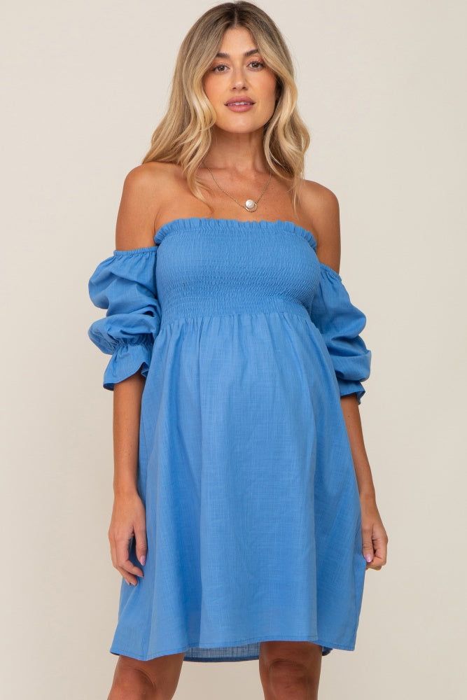 Blue Smocked Off Shoulder Long Sleeve Maternity Dress sold by Pinkblush product image thumbnail 2