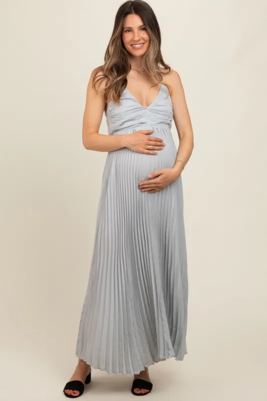 Silver Pleated Back Cutout Tie Maternity Maxi Dress sold by Pinkblush