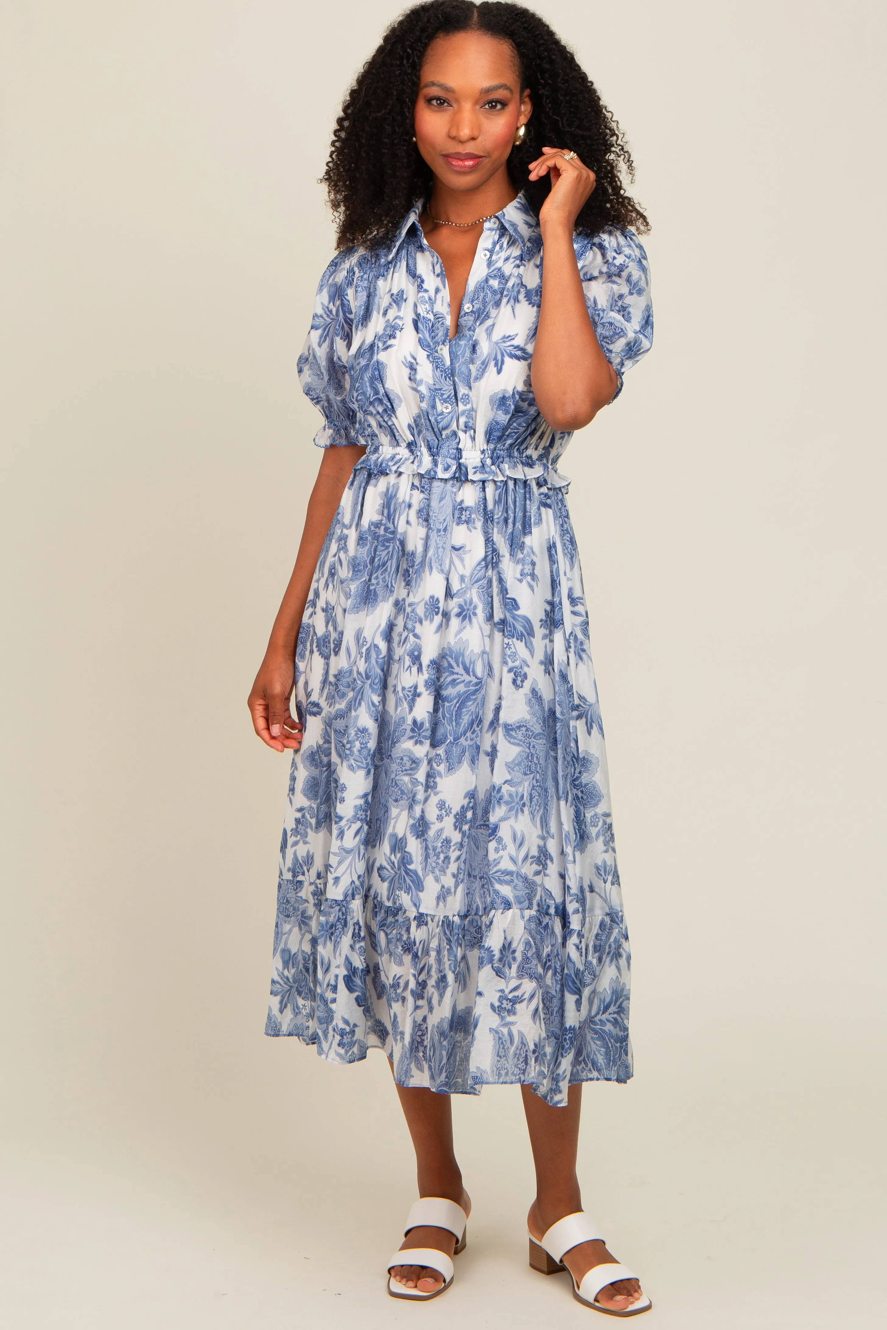 Blue Floral Ruffle Accent Button Up Midi Dress sold by Pinkblush product image thumbnail 2