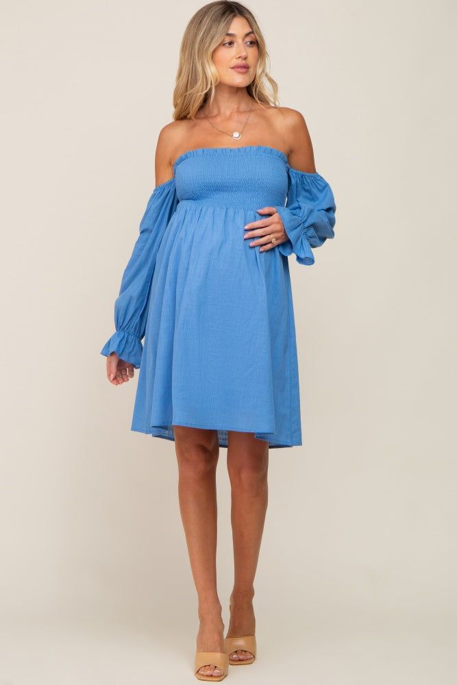 Blue Smocked Off Shoulder Long Sleeve Maternity Dress sold by Pinkblush product image thumbnail 6