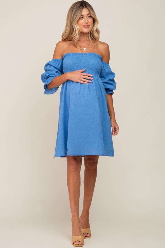 Blue Smocked Off Shoulder Long Sleeve Maternity Dress sold by Pinkblush product image thumbnail 3