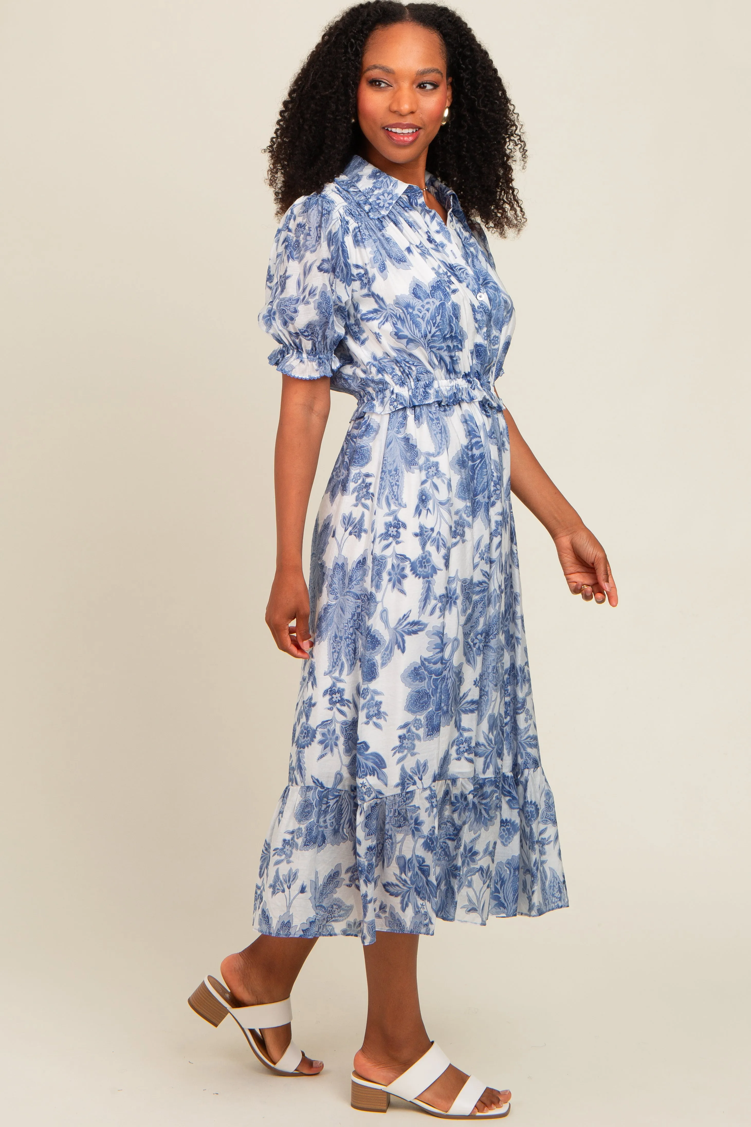 Blue Floral Ruffle Accent Button Up Midi Dress sold by Pinkblush product image thumbnail 3