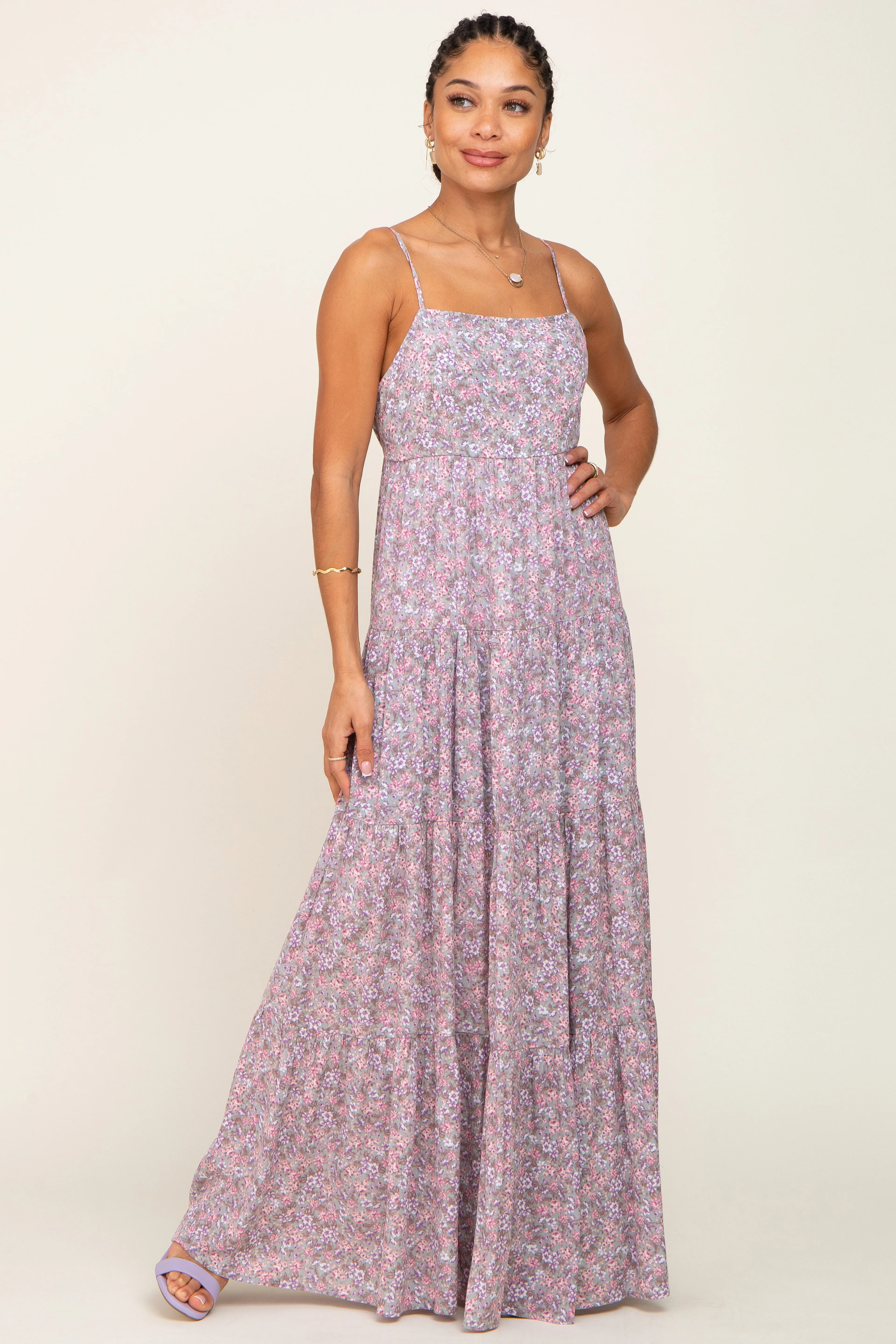Pink Floral Tiered Maxi Dress sold by Pinkblush