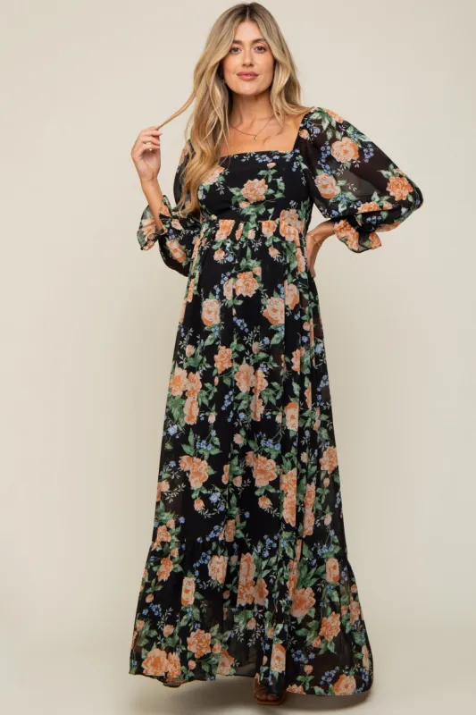 Black Floral Chiffon Square Neck 3/4 Ruffle Sleeve Maternity Maxi Dress sold by Pinkblush