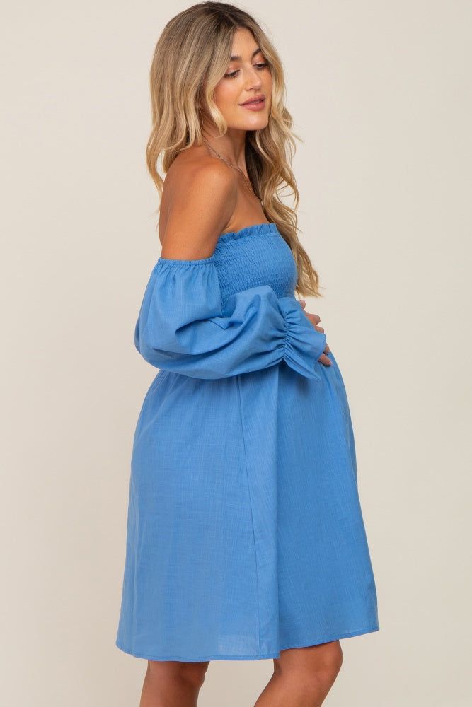 Blue Smocked Off Shoulder Long Sleeve Maternity Dress sold by Pinkblush product image thumbnail 4