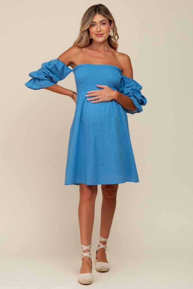 Blue Smocked Off Shoulder Long Sleeve Maternity Dress sold by Pinkblush