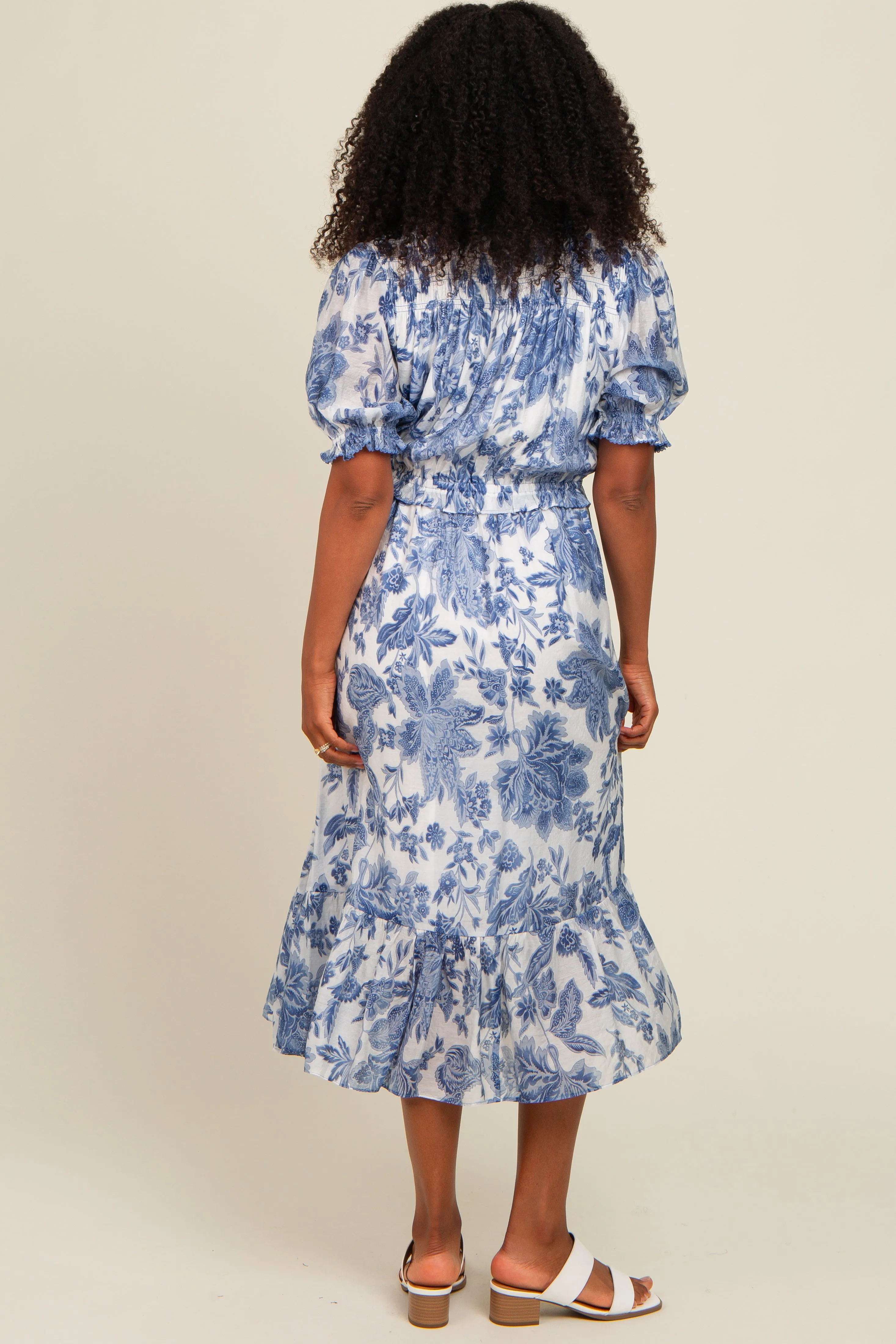 Blue Floral Ruffle Accent Button Up Midi Dress sold by Pinkblush product image thumbnail 4