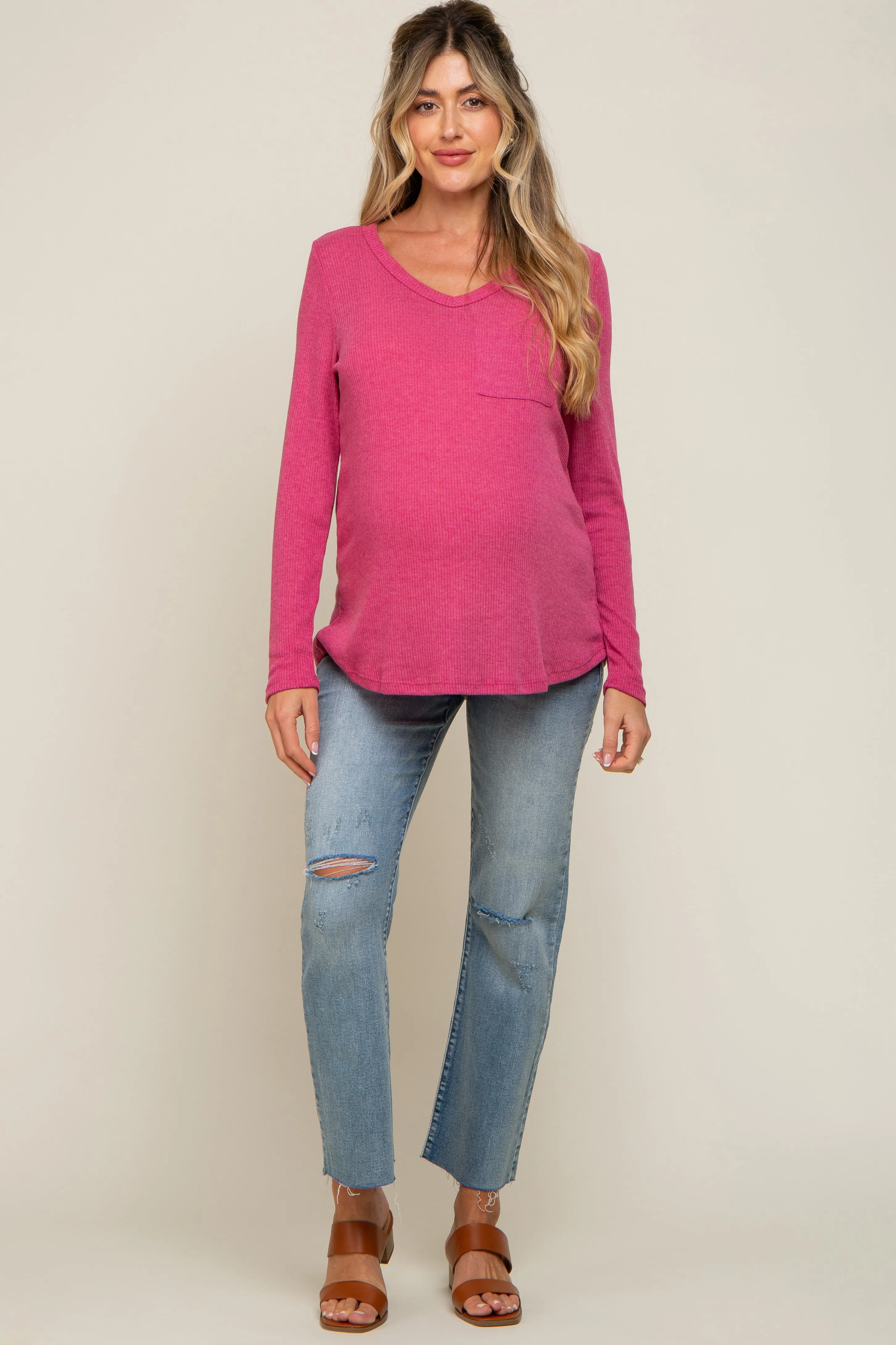 Fuchsia Ribbed Knit Maternity Long Sleeve Top sold by Pinkblush product image thumbnail 5