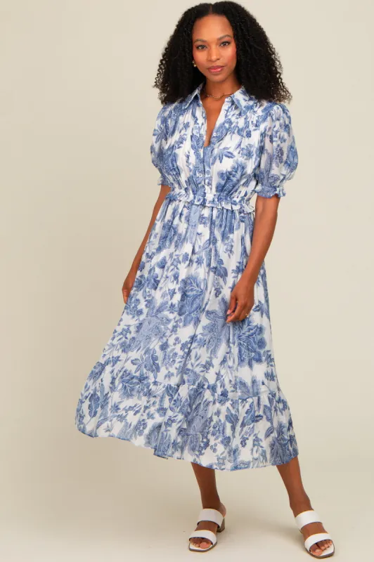 Blue Floral Ruffle Accent Button Up Midi Dress sold by Pinkblush