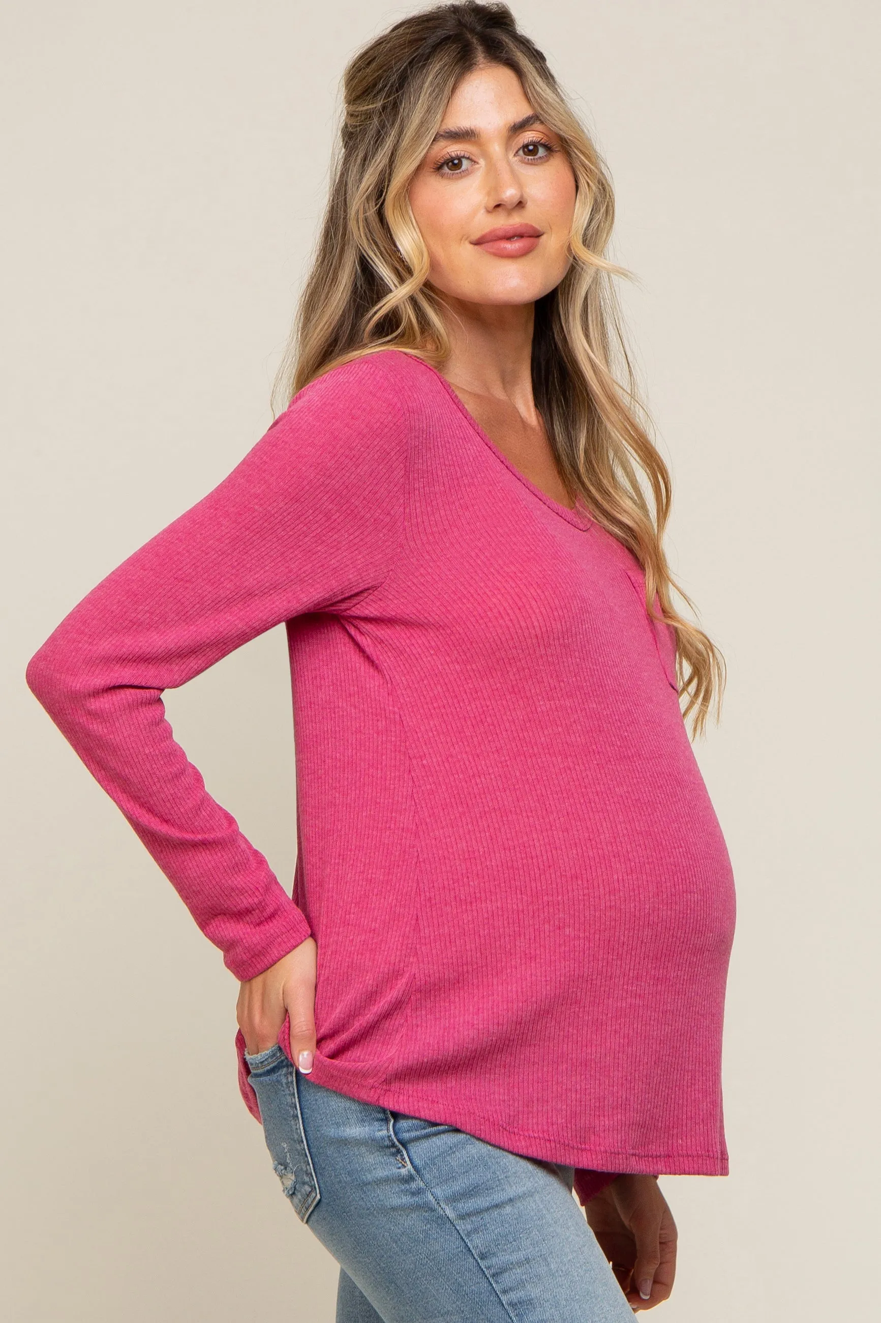 Fuchsia Ribbed Knit Maternity Long Sleeve Top sold by Pinkblush product image thumbnail 2