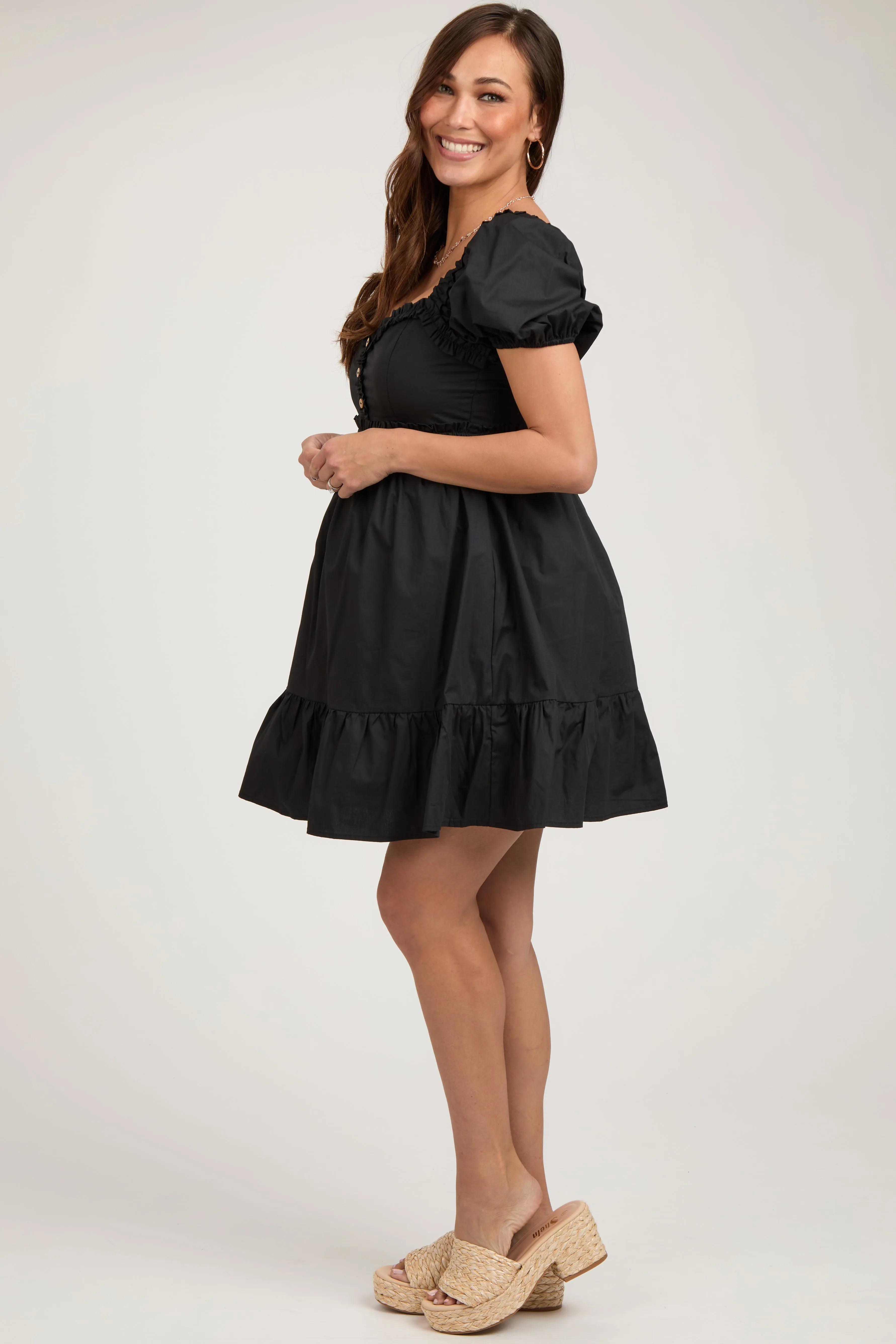 Black Puff Sleeve Ruffle Accent Maternity Mini Dress sold by Pinkblush product image thumbnail 2