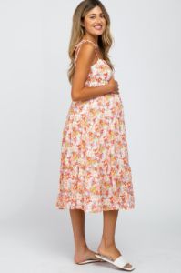 Ivory Floral Print Shoulder Tie Maternity Midi Dress sold by Pinkblush