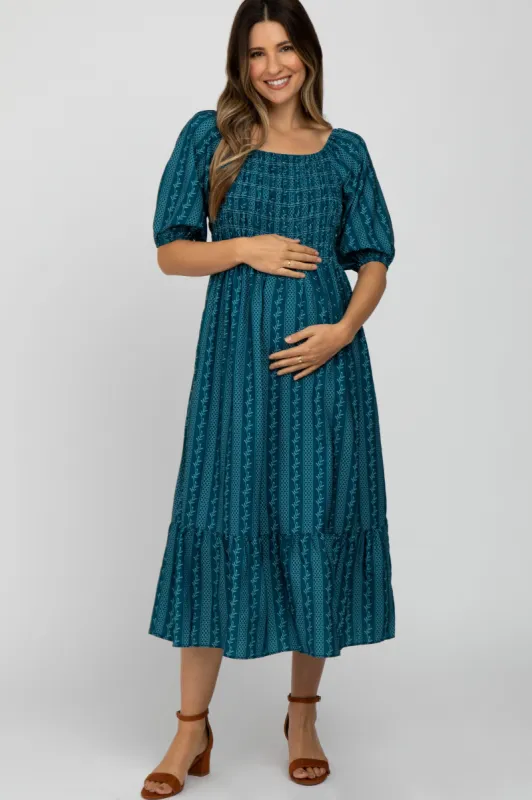 Teal Leaf Print Smocked Maternity Midi Dress sold by Pinkblush