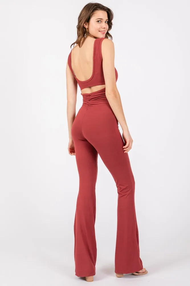 Rust Open Back Ruched Sleeveless Jumpsuit sold by Pinkblush product image thumbnail 3