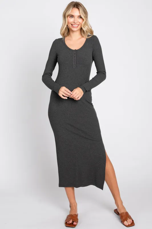 Charcoal Ribbed Front Button Long Sleeve Midi Dress sold by Pinkblush