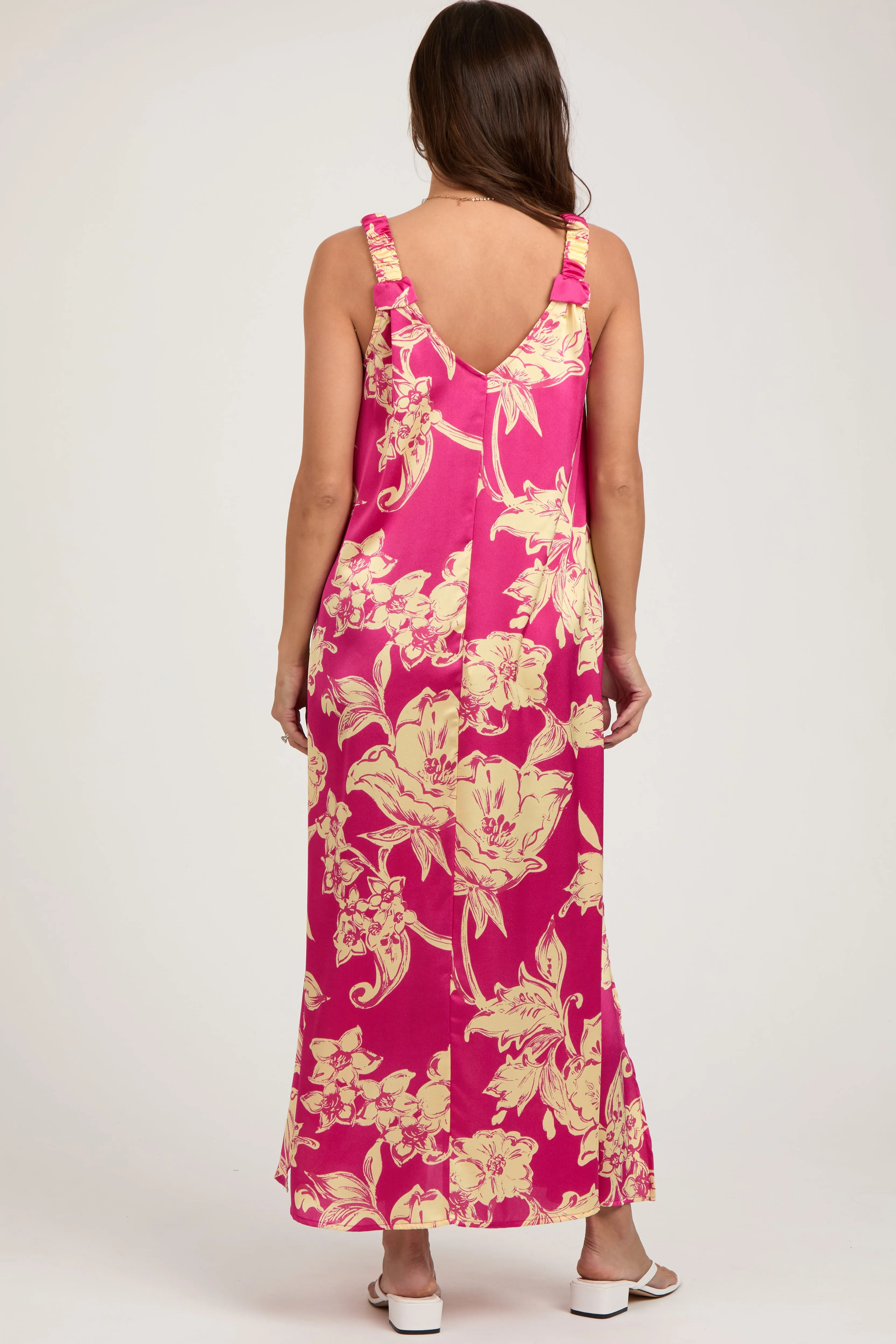 Fuchsia Floral Ruched Strap V-Neck Maternity Midi Dress sold by Pinkblush product image thumbnail 3