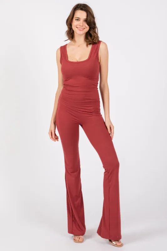 Rust Open Back Ruched Sleeveless Jumpsuit sold by Pinkblush