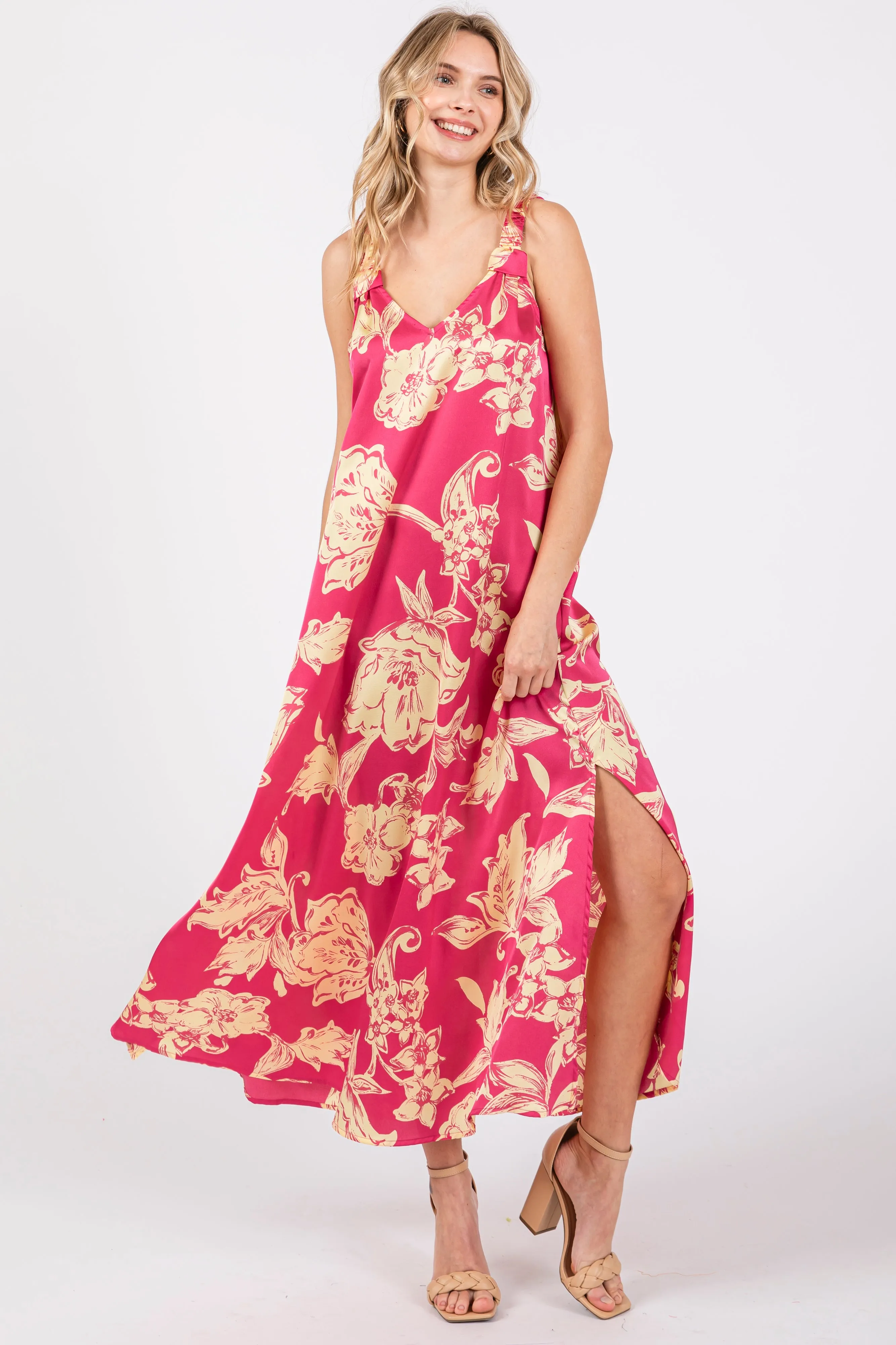 Fuchsia Floral Ruched Strap V-Neck Maternity Midi Dress sold by Pinkblush product image thumbnail 4