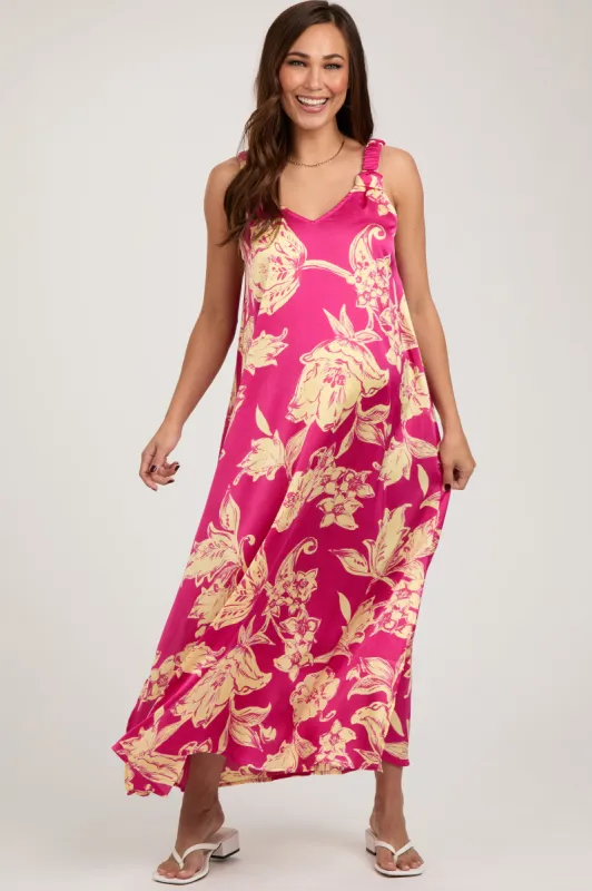Fuchsia Floral Ruched Strap V-Neck Maternity Midi Dress sold by Pinkblush