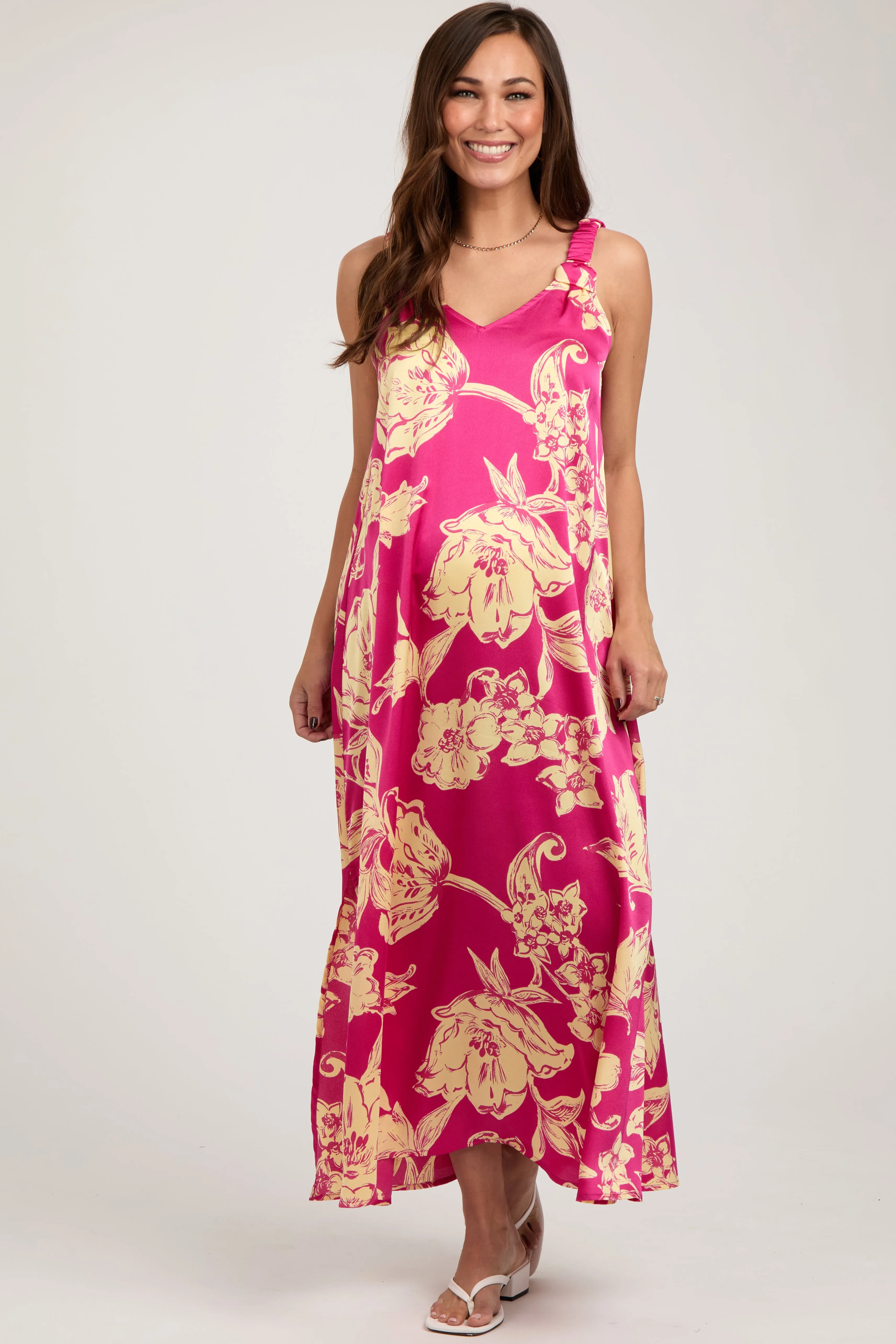 Fuchsia Floral Ruched Strap V-Neck Maternity Midi Dress sold by Pinkblush product image thumbnail 2