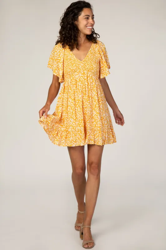 Yellow Floral Smocked Ruffle Dress sold by Pinkblush