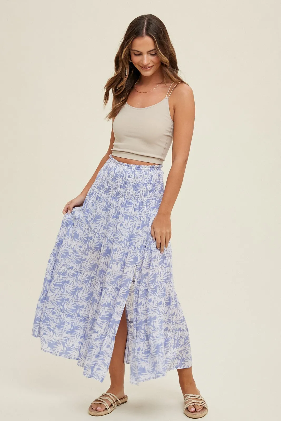 Blue Tropical Tiered Midi Skirt With Slit sold by Pinkblush