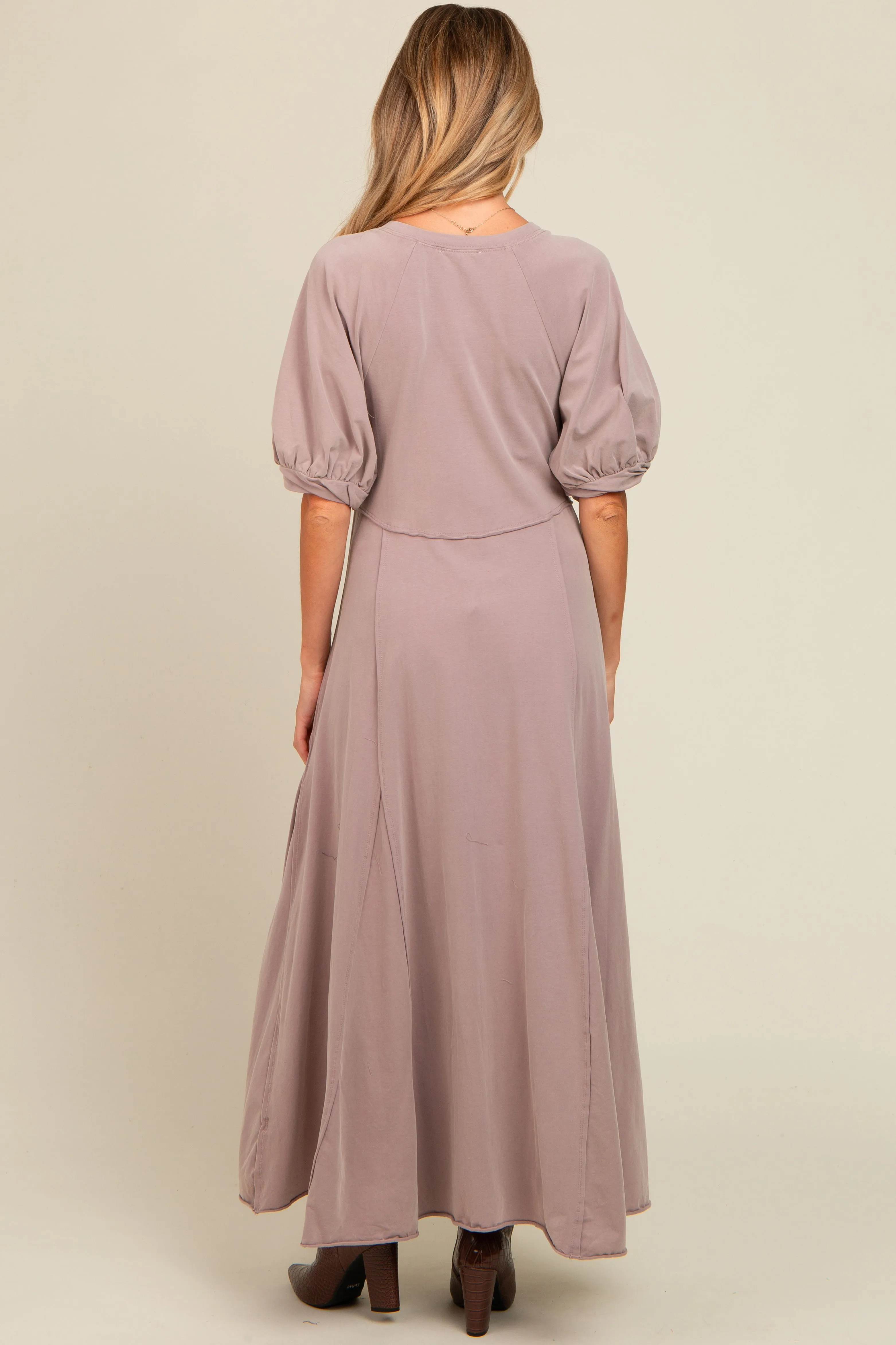 Taupe Vintage Wash Puff Sleeve Maternity Maxi Dress sold by Pinkblush product image thumbnail 4