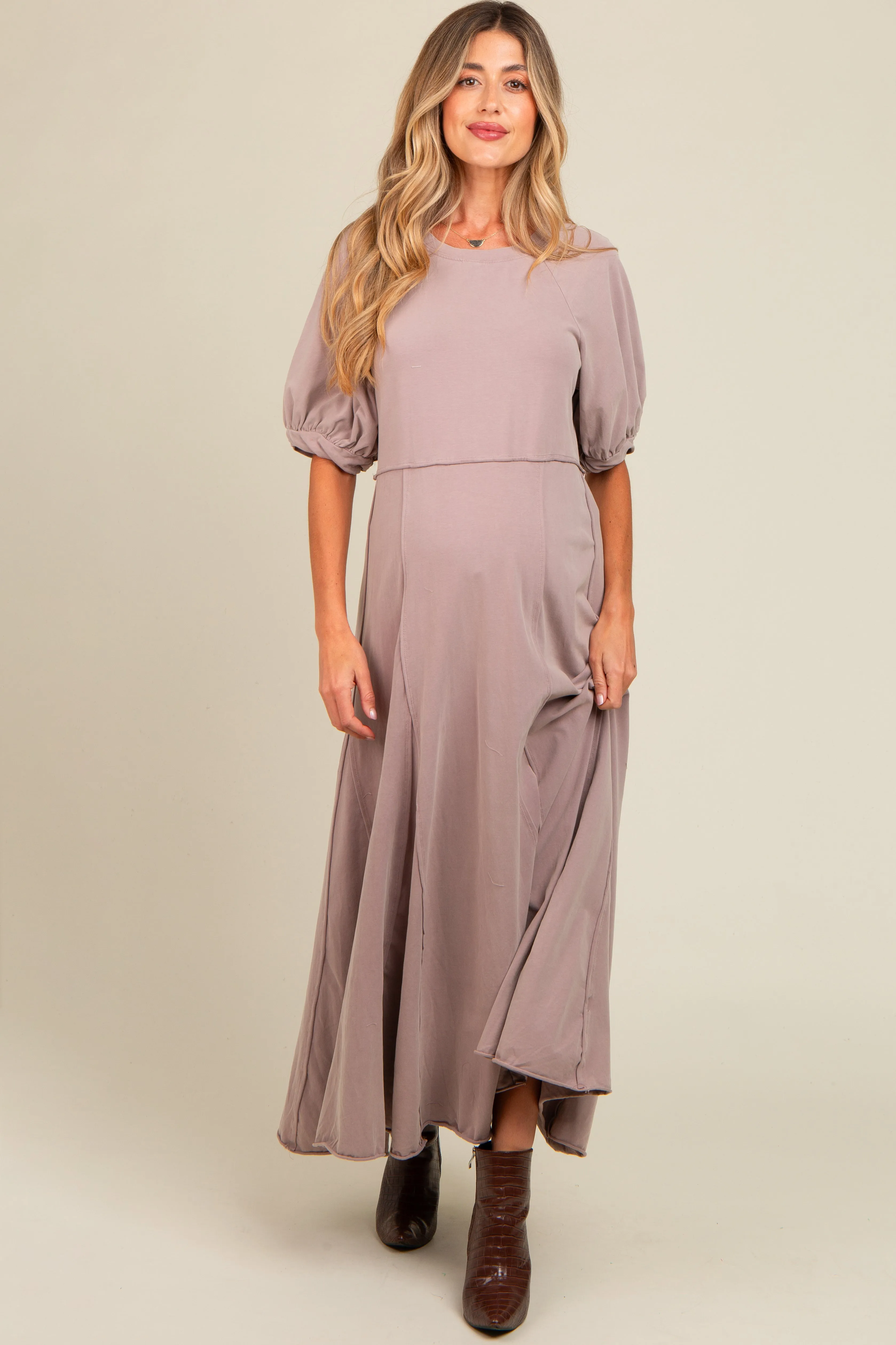 Taupe Vintage Wash Puff Sleeve Maternity Maxi Dress sold by Pinkblush