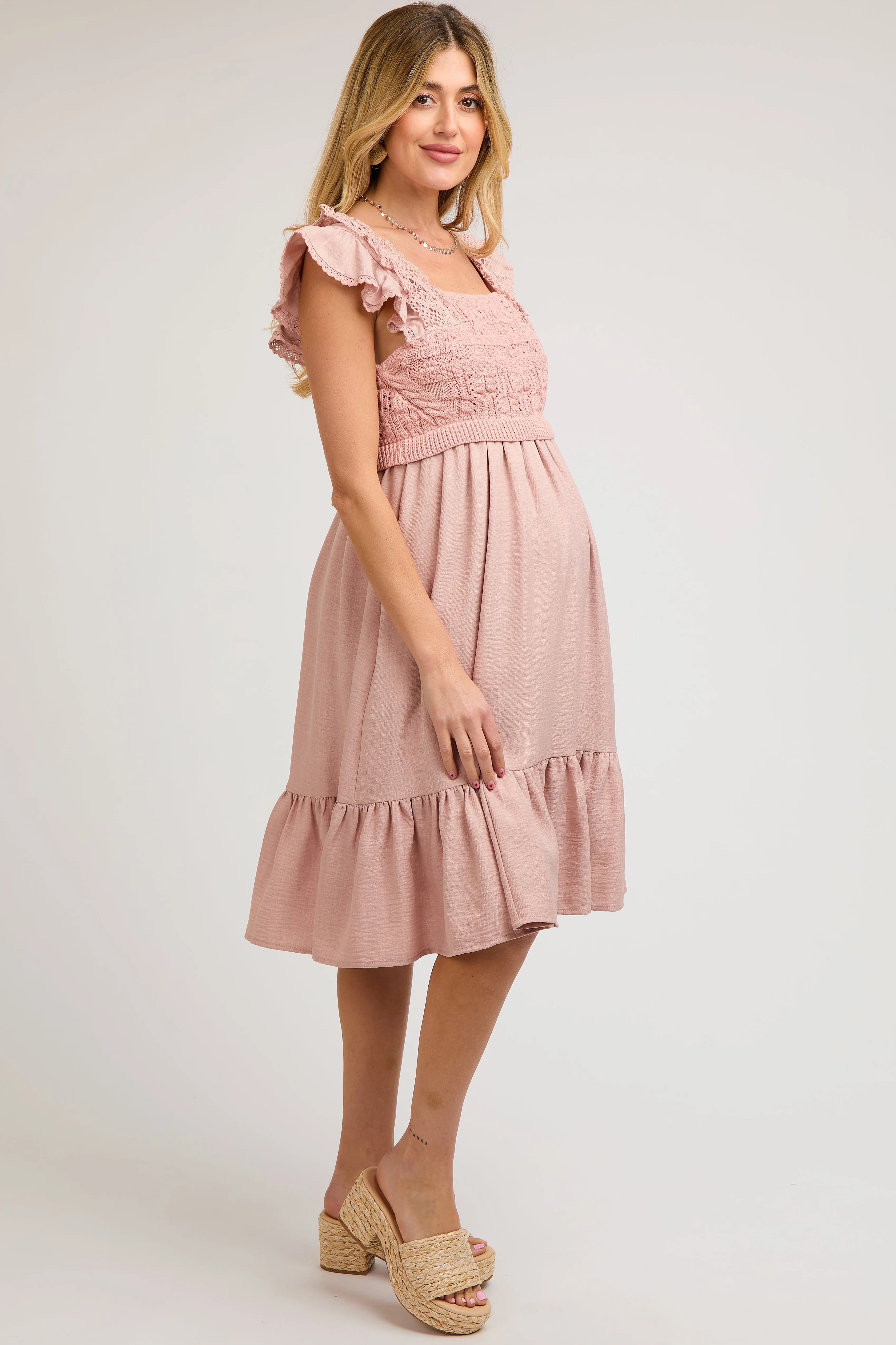 Mauve Crochet Knit Maternity Knee Length Dress sold by Pinkblush product image thumbnail 3