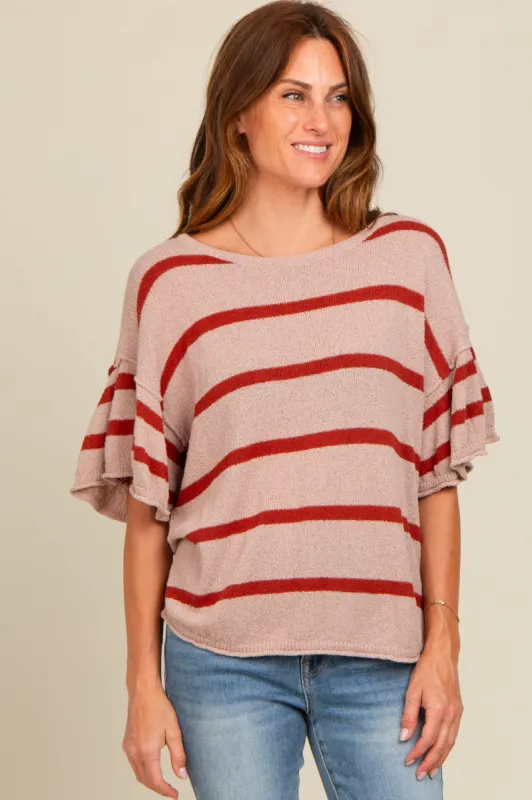 Rust Striped Ruffle Sleeve Knit Top sold by Pinkblush