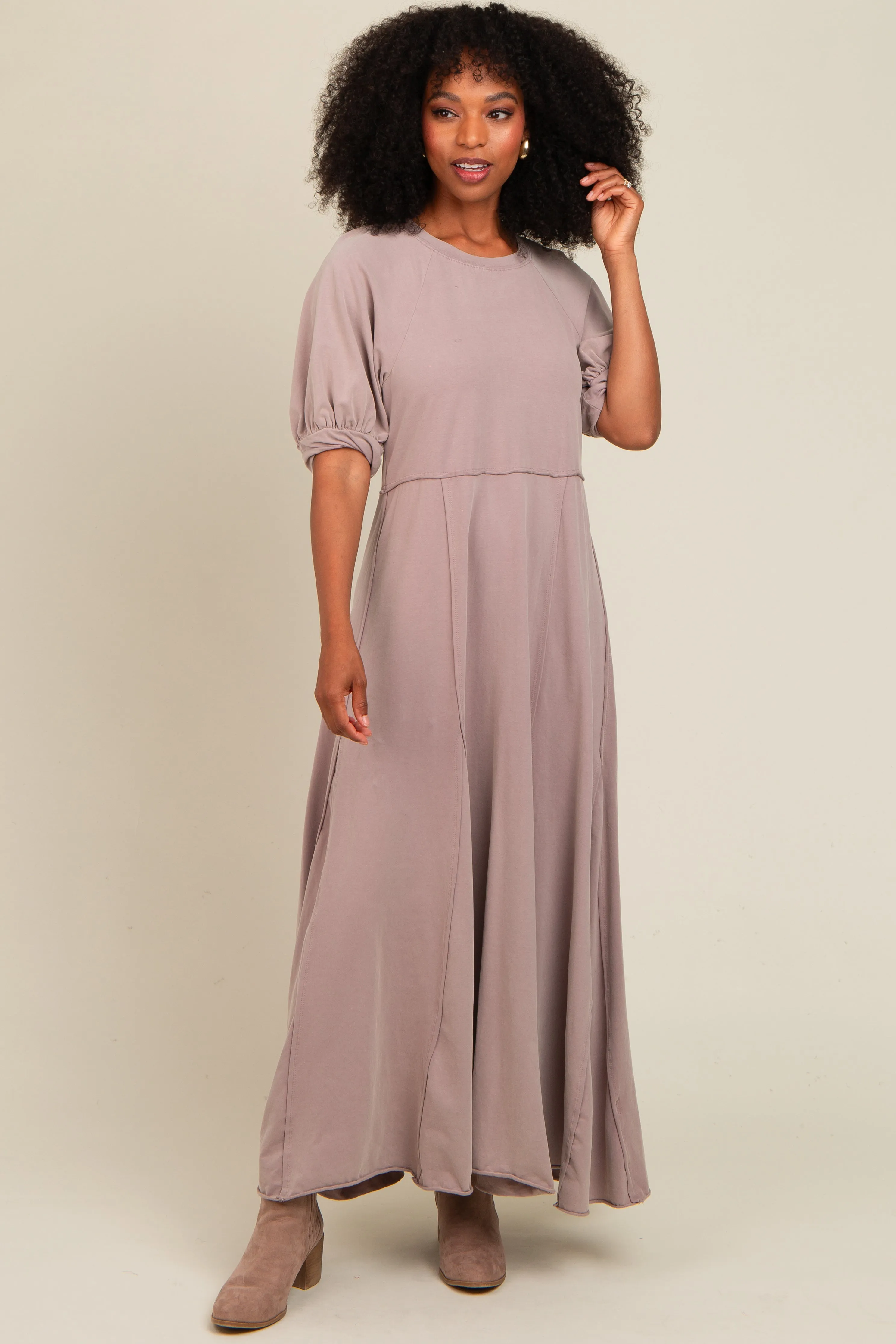 Taupe Vintage Wash Puff Sleeve Maternity Maxi Dress sold by Pinkblush product image thumbnail 5