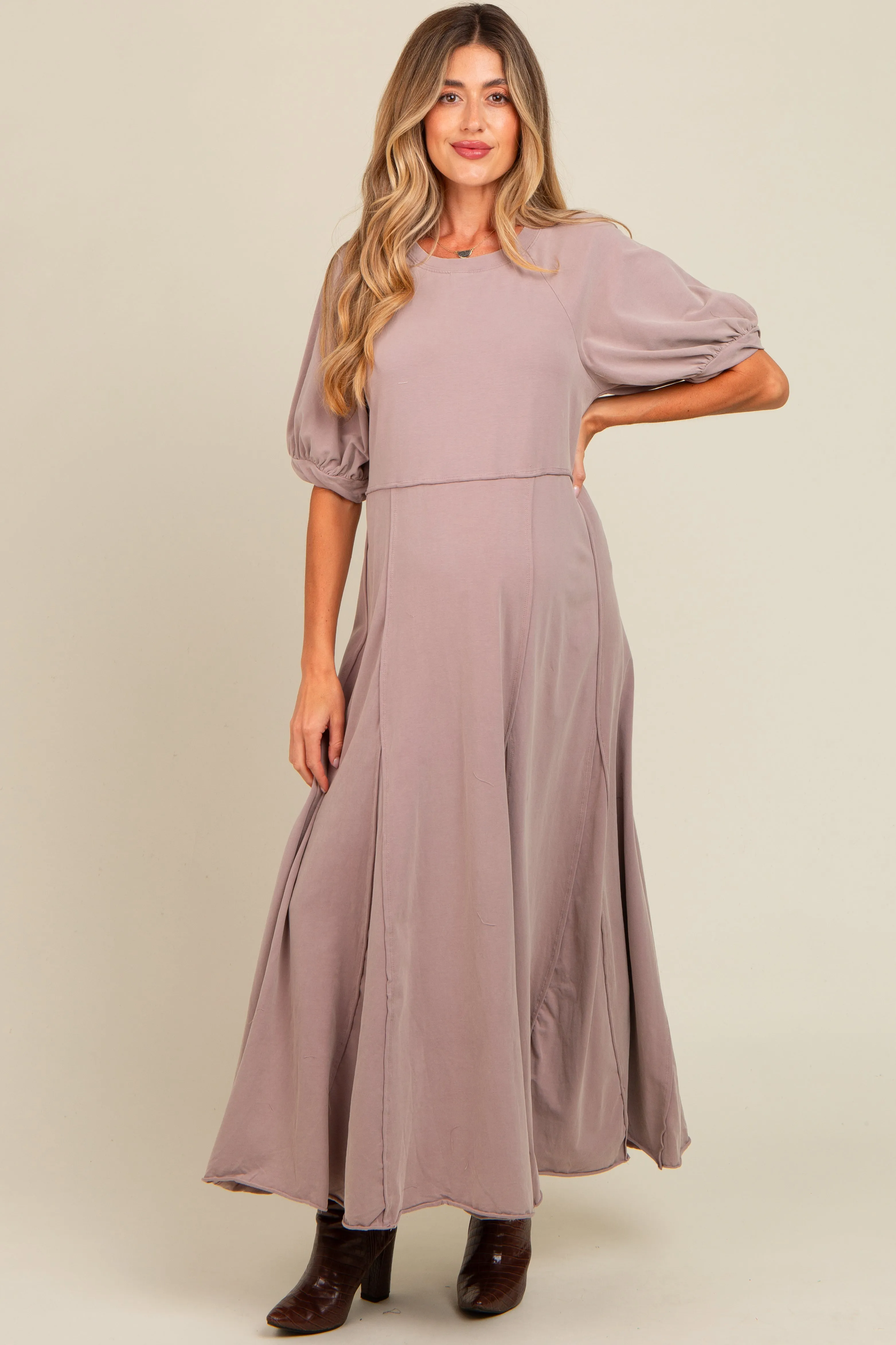 Taupe Vintage Wash Puff Sleeve Maternity Maxi Dress sold by Pinkblush product image thumbnail 2