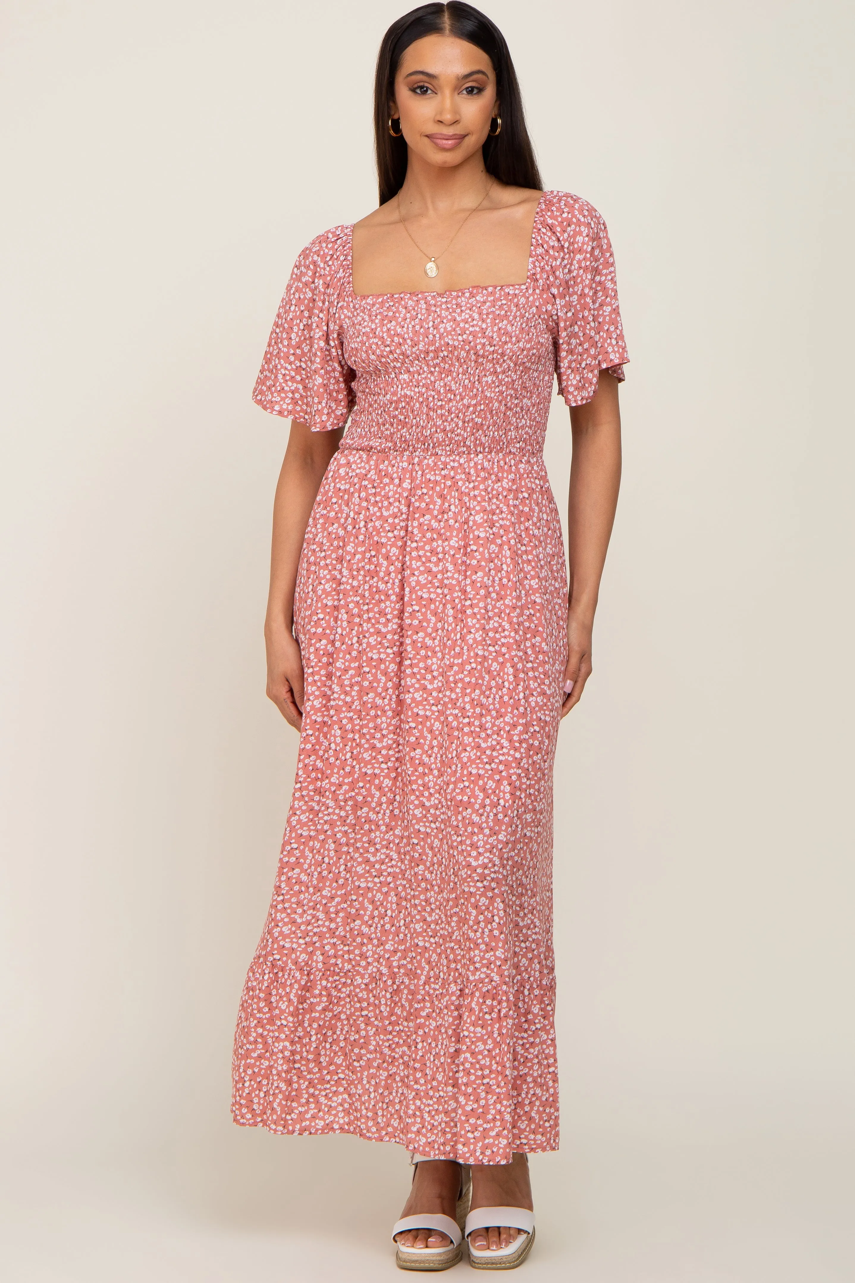 Mauve Floral Smocked Flounce Sleeve Maxi Dress sold by Pinkblush product image thumbnail 5