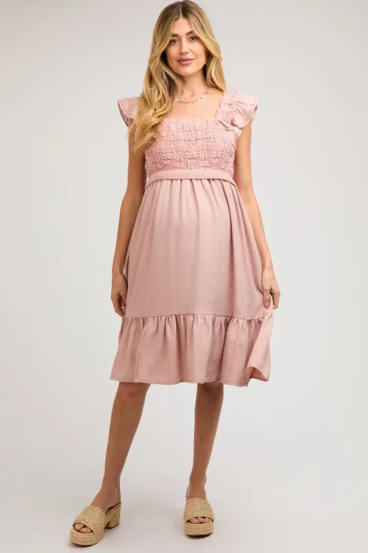 Mauve Crochet Knit Maternity Knee Length Dress sold by Pinkblush