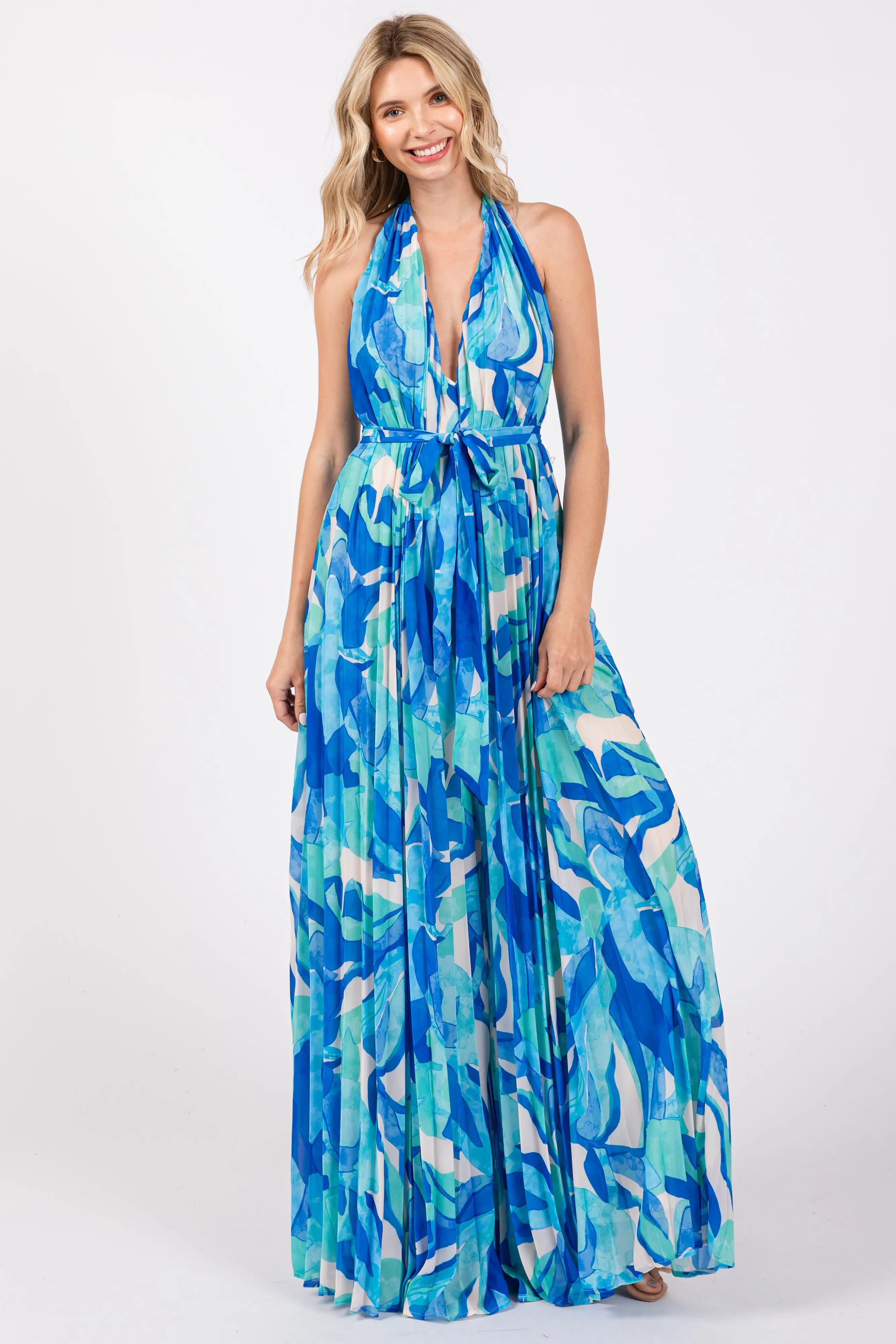 Blue Printed Halter Neck Wide Leg Jumpsuit sold by Pinkblush
