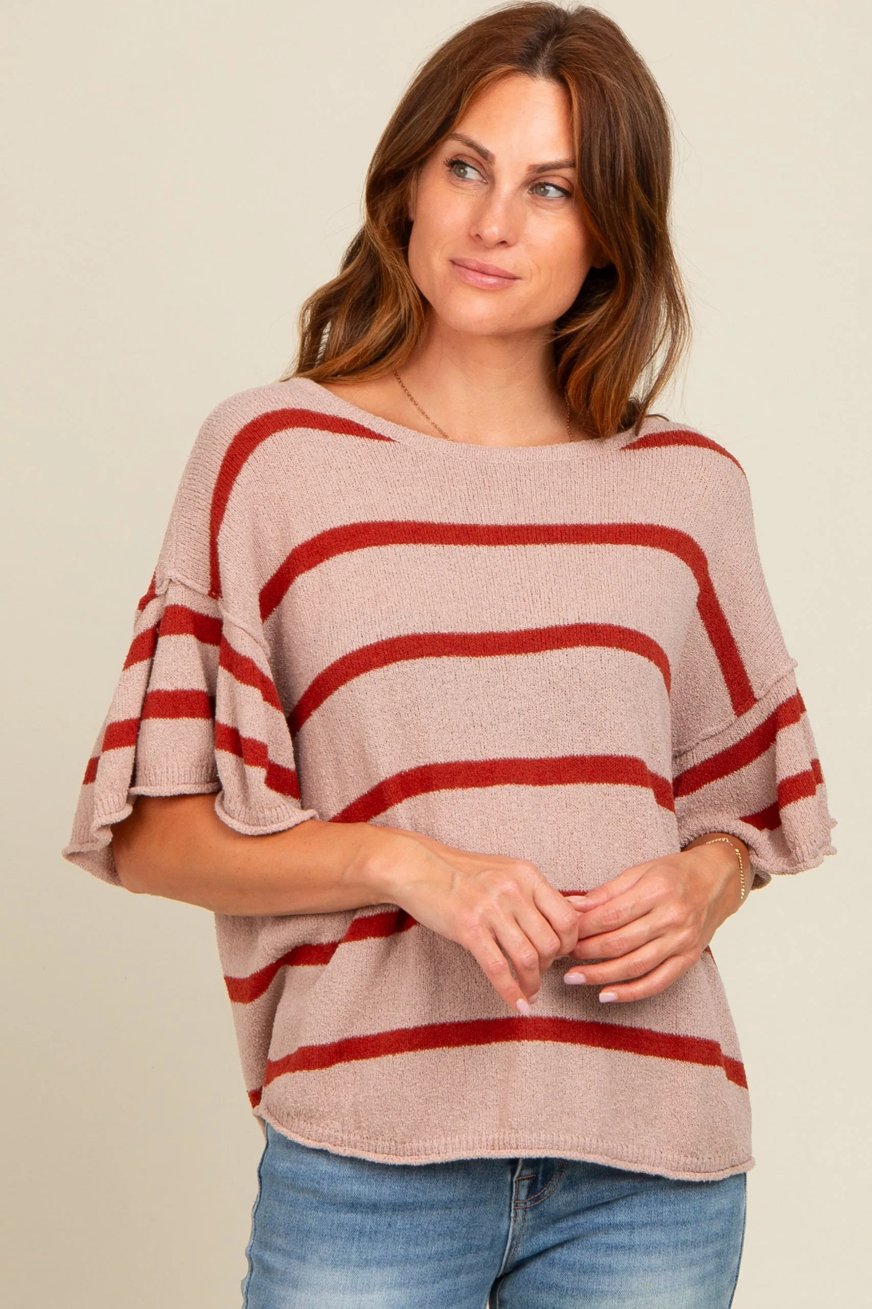 Rust Striped Ruffle Sleeve Knit Top sold by Pinkblush product image thumbnail 2
