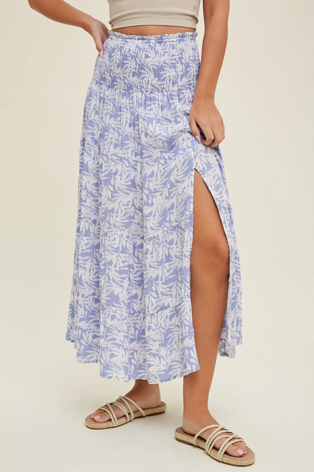 Blue Tropical Tiered Midi Skirt With Slit sold by Pinkblush product image thumbnail 3
