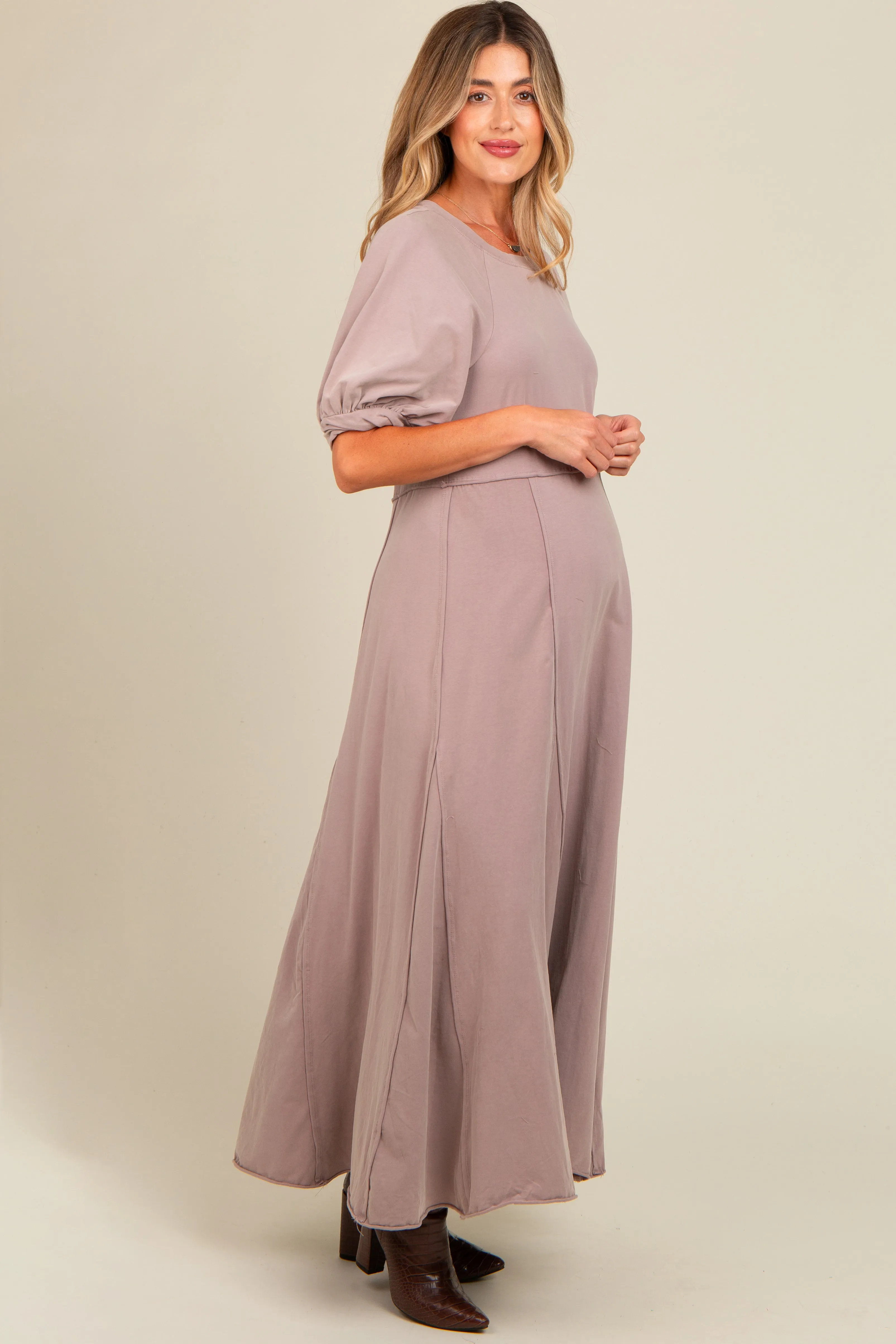 Taupe Vintage Wash Puff Sleeve Maternity Maxi Dress sold by Pinkblush product image thumbnail 3