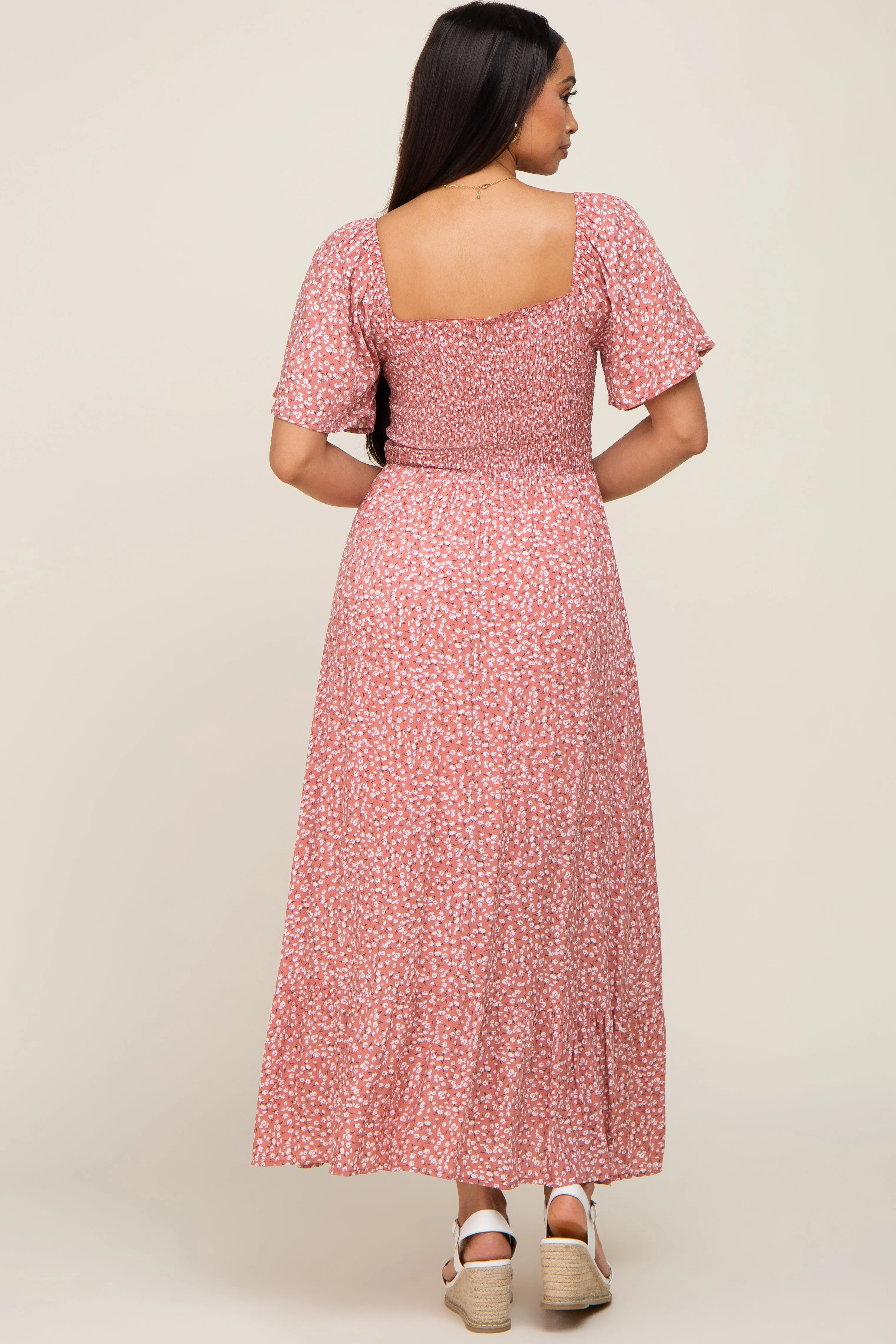 Mauve Floral Smocked Flounce Sleeve Maxi Dress sold by Pinkblush product image thumbnail 3