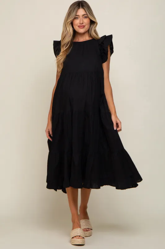 Black Ruffle Shoulder Tiered Maternity Midi Dress sold by Pinkblush